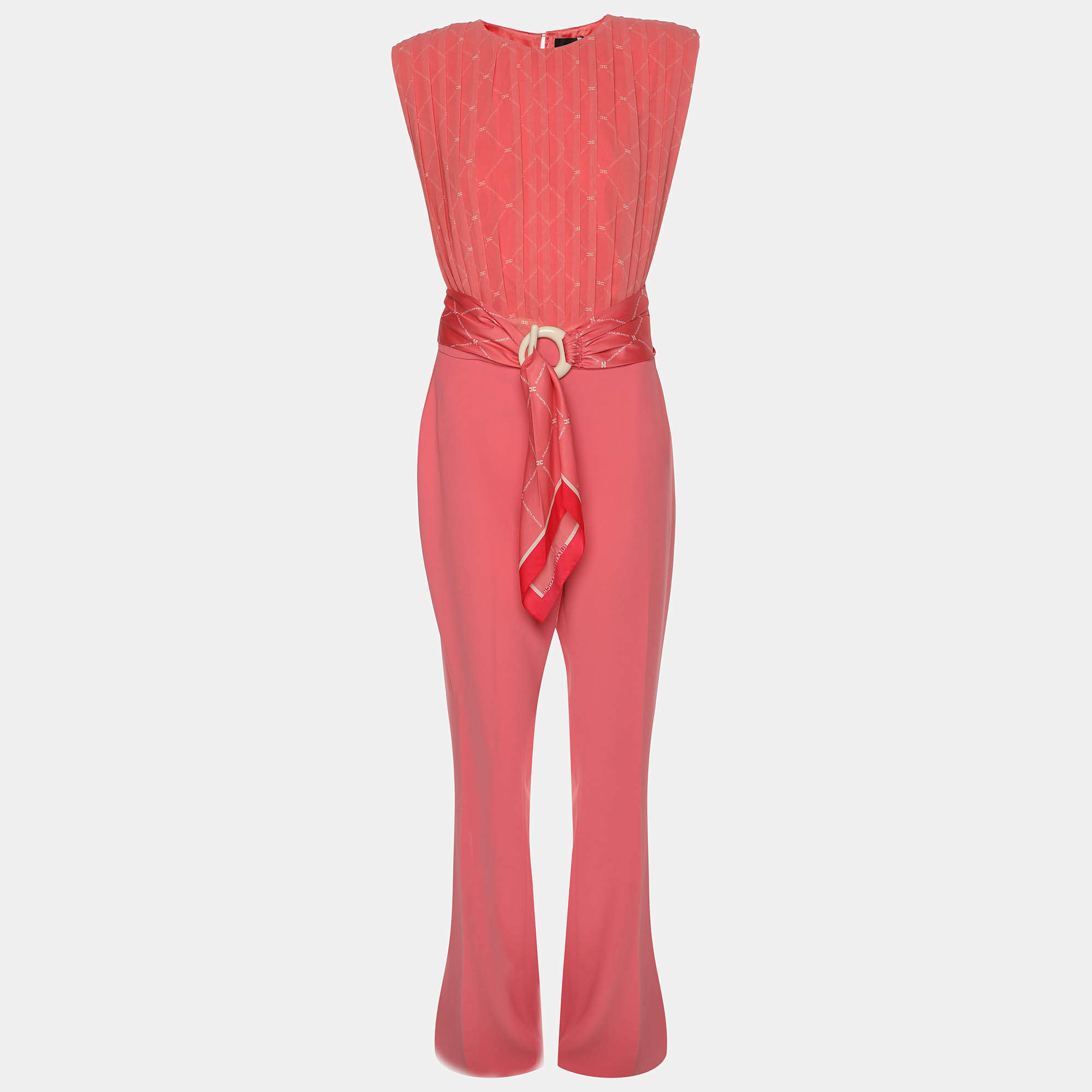 Elisabetta Franchi Coral Pink Polyester Belted Jumpsuit M