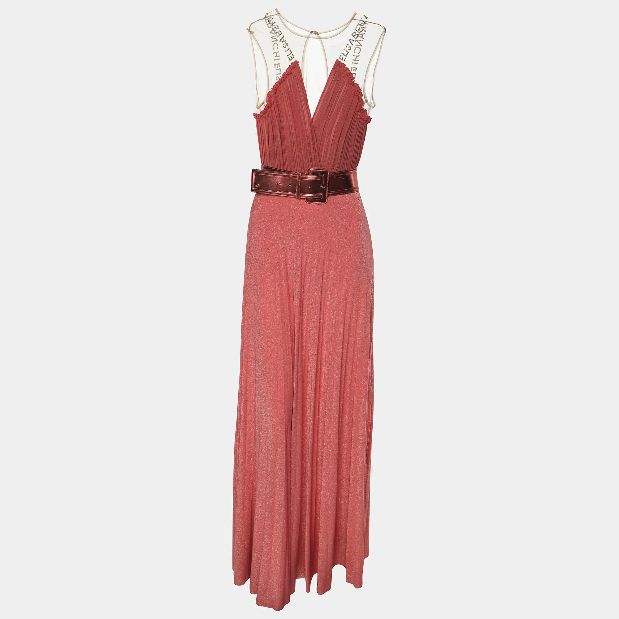 Pre Owned Elisabetta Franchi Coral Pink Knitted Fabric Belted Maxi Dress M