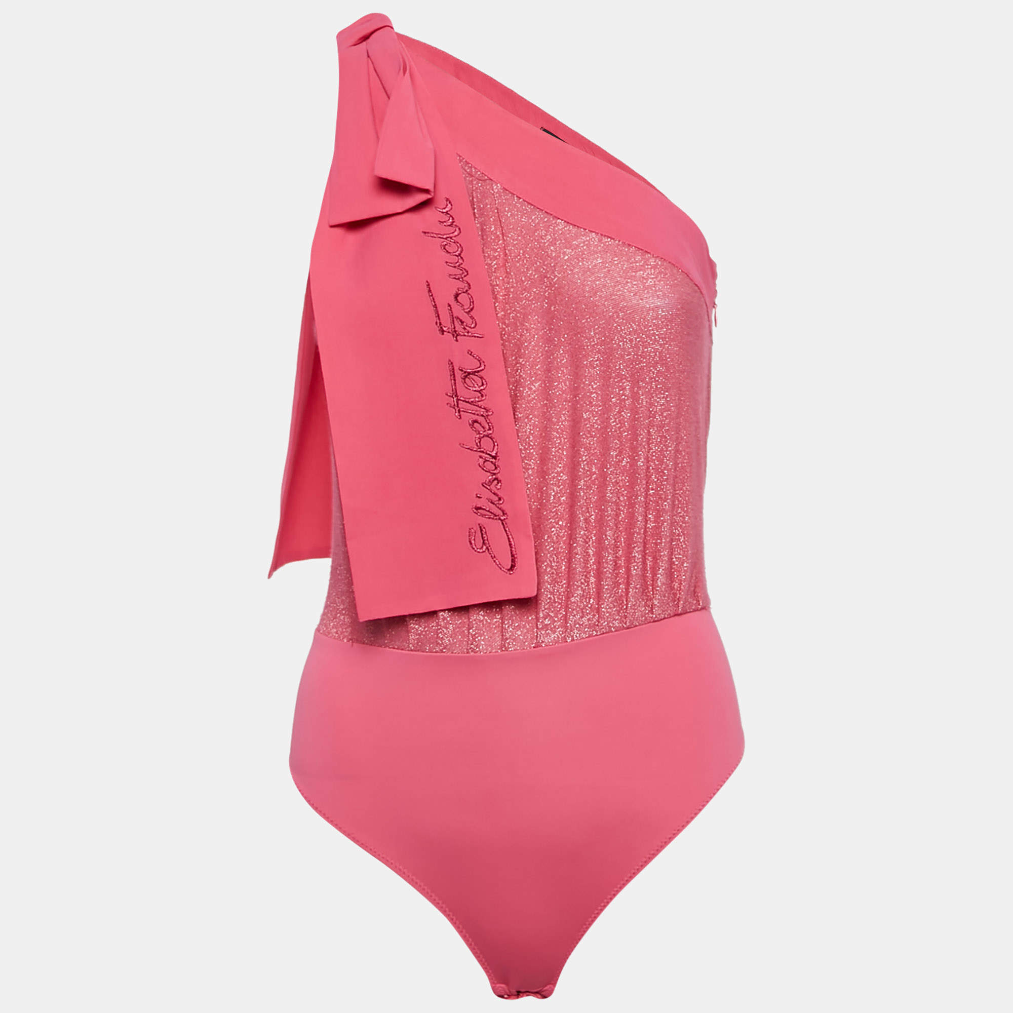 Elisabetta Franchi Pink Lurex Knit and Crepe Bodysuit S