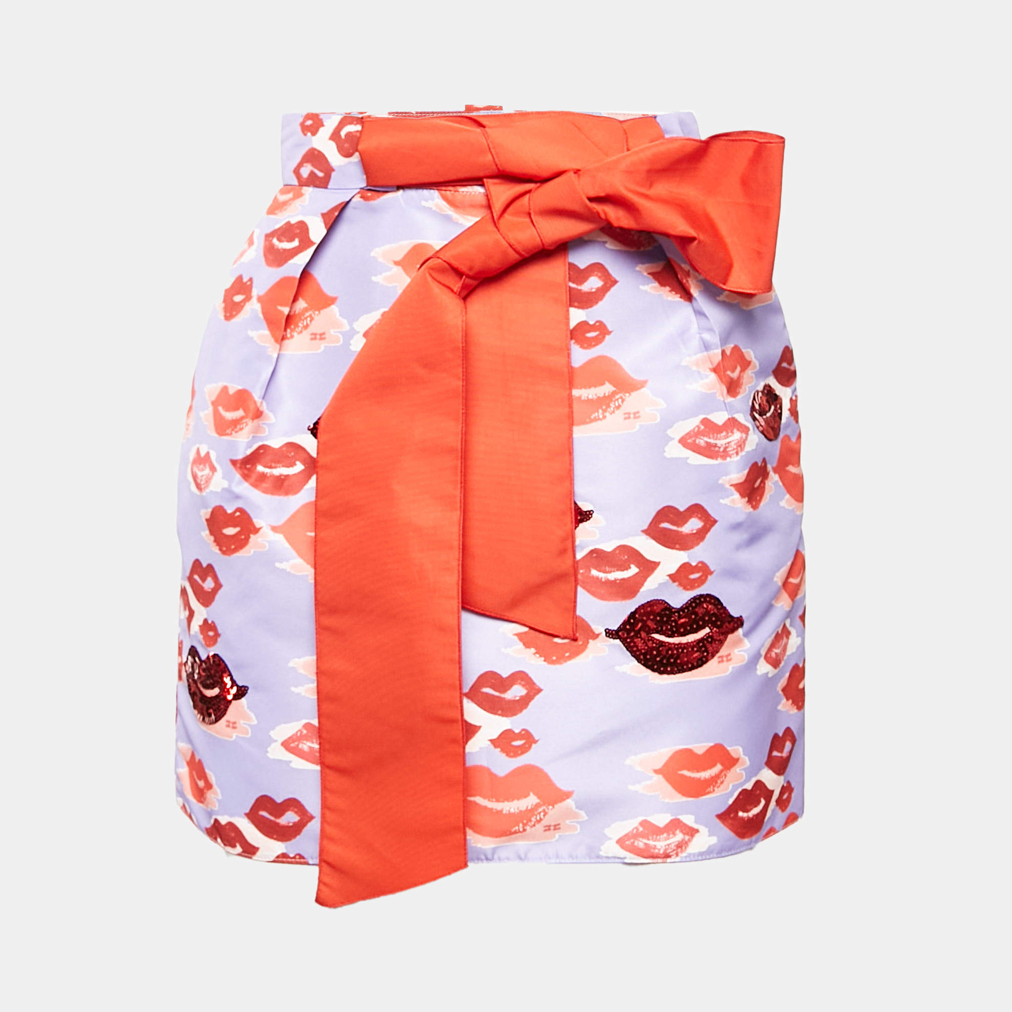 Pre Owned Elisabetta Franchi Lavender/Red Lips Print Synthetic Belted Mini Skirt S