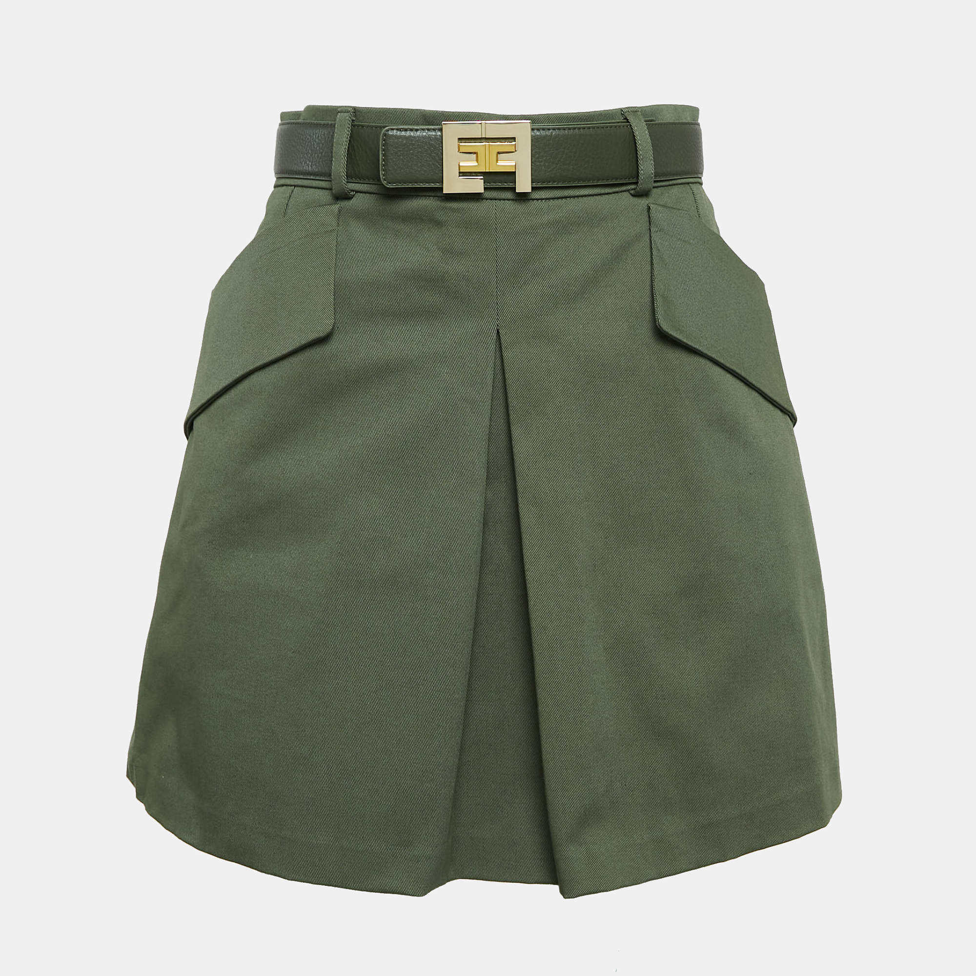 Pre Owned Elisabetta Franchi Green Gabardine Logo Plaque Belted Mini Skirt M