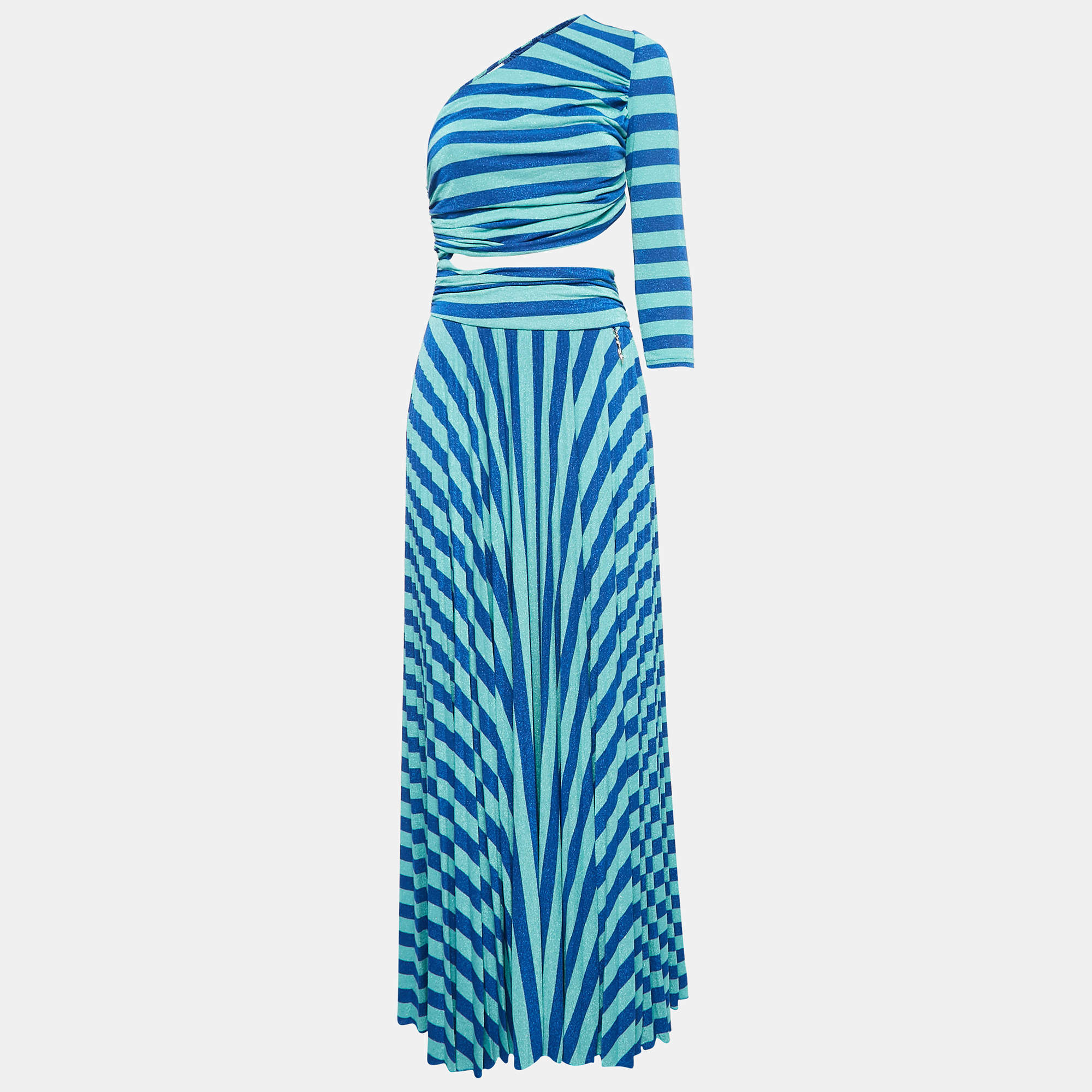 Pre Owned Elisabetta Franchi Blue Stripe Lurex Knit Cut-Out Maxi Dress XS