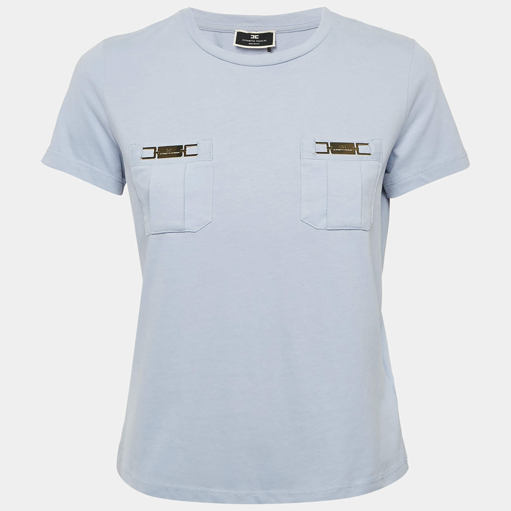 Pre Owned Elisabetta Franchi Lavender Logo Plaque Jersey T-Shirt S