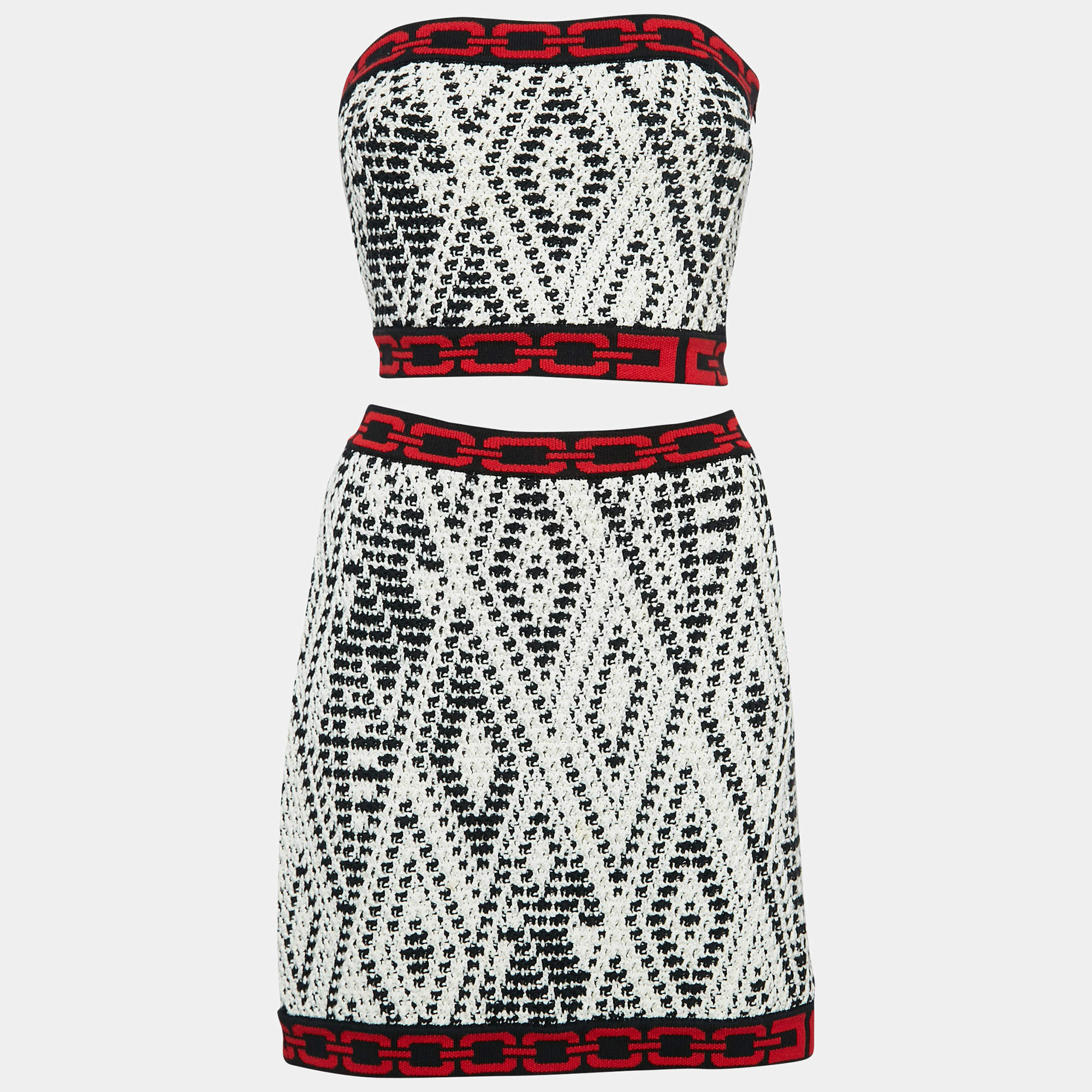 Elisabetta Franchi White/Black Tribal Pattern Crochet Skirt Set S/M