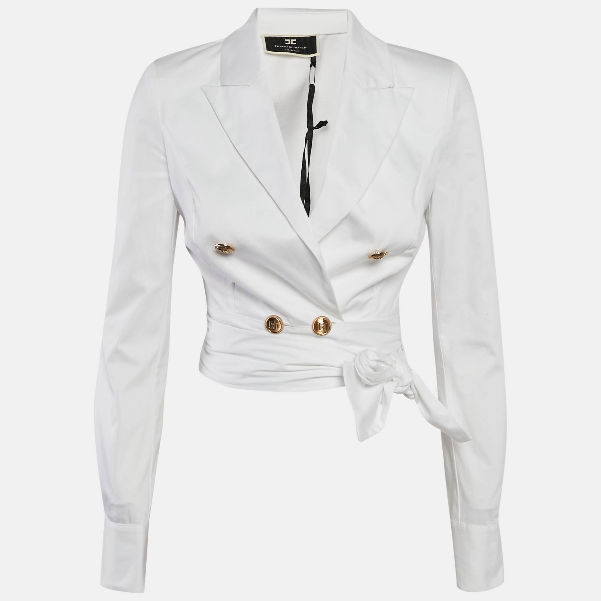 Pre Owned Elisabetta Franchi White Poplin Sash Belt Double Breasted Blouse S