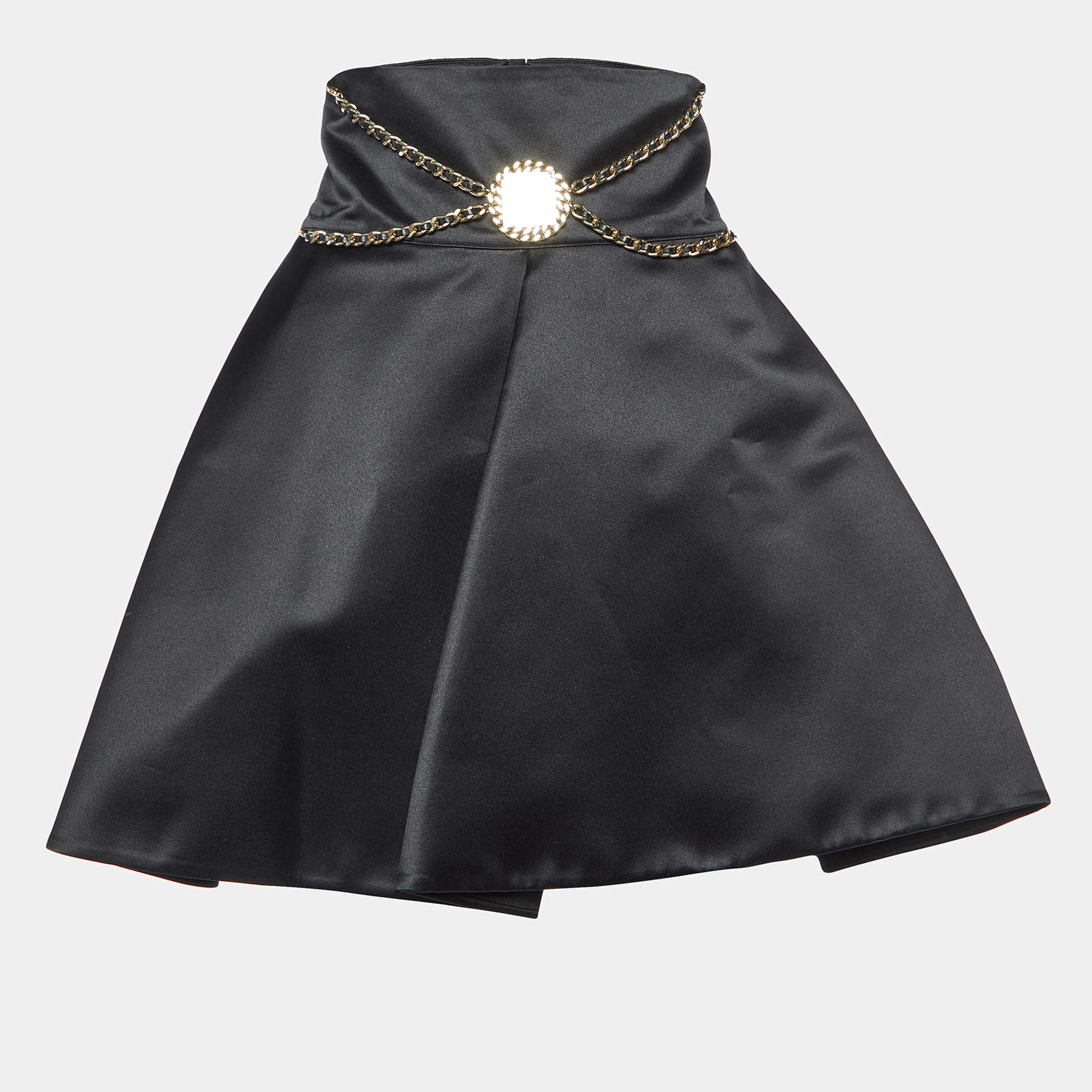 Elisabetta Franchi Black Satin Chain Detail Pleated Mini Skirt M
