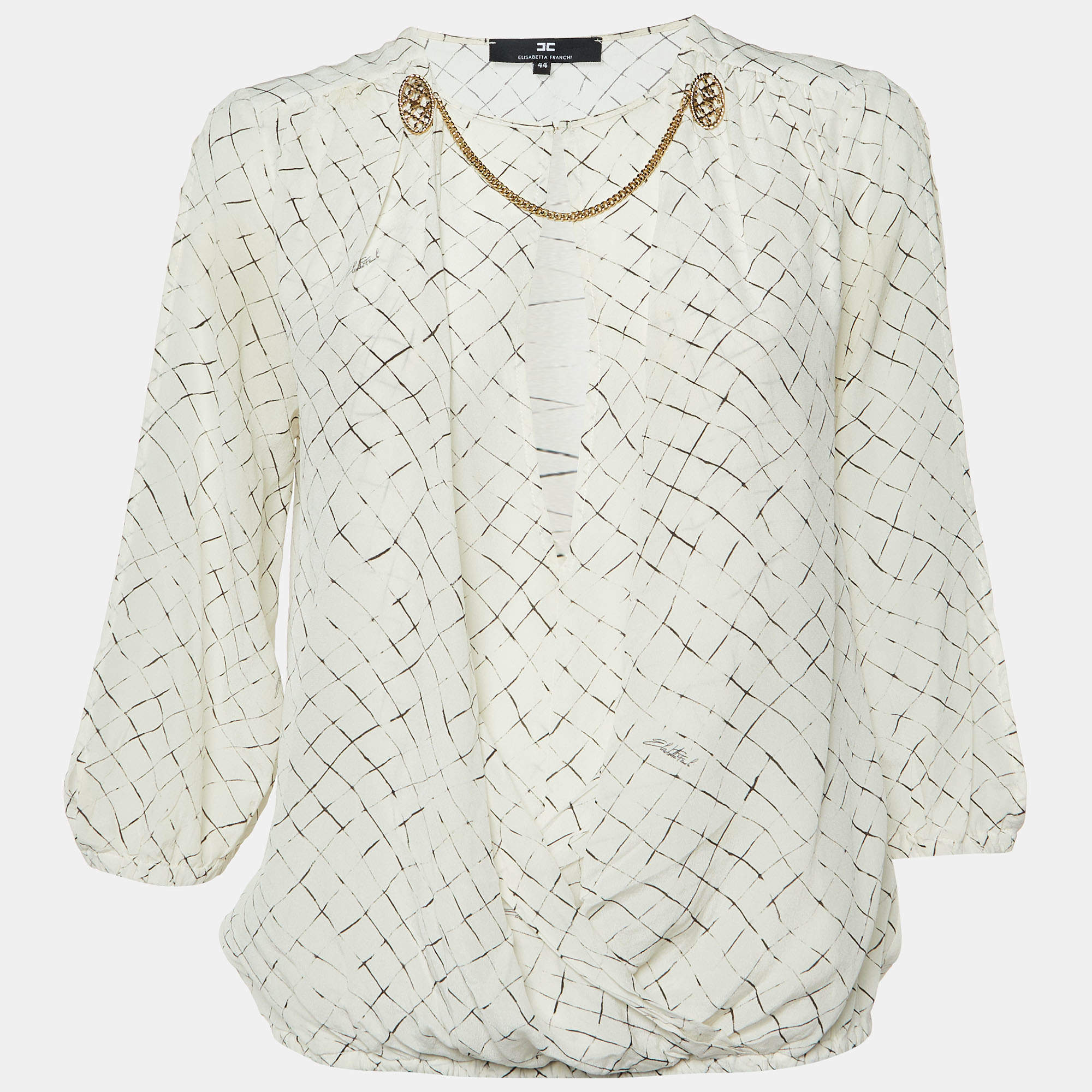Elisabetta Franchi White Checks Print Silk Brooches Detail Top M