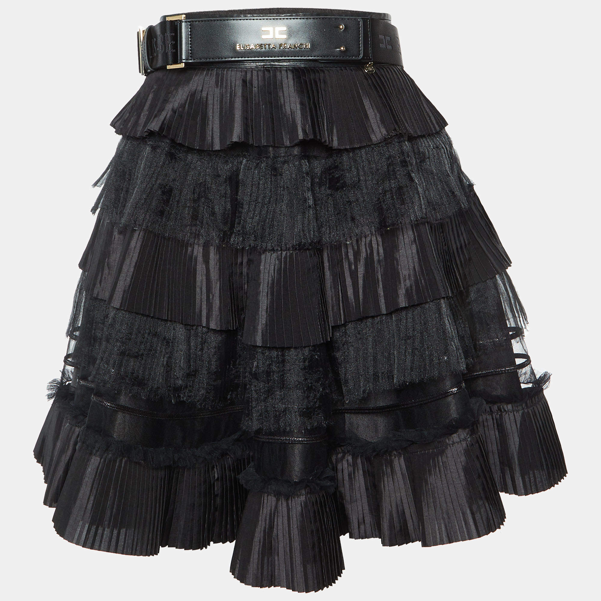 Pre Owned Elisabetta Franchi Black Pleated Crepe Belted Mini Skirt M