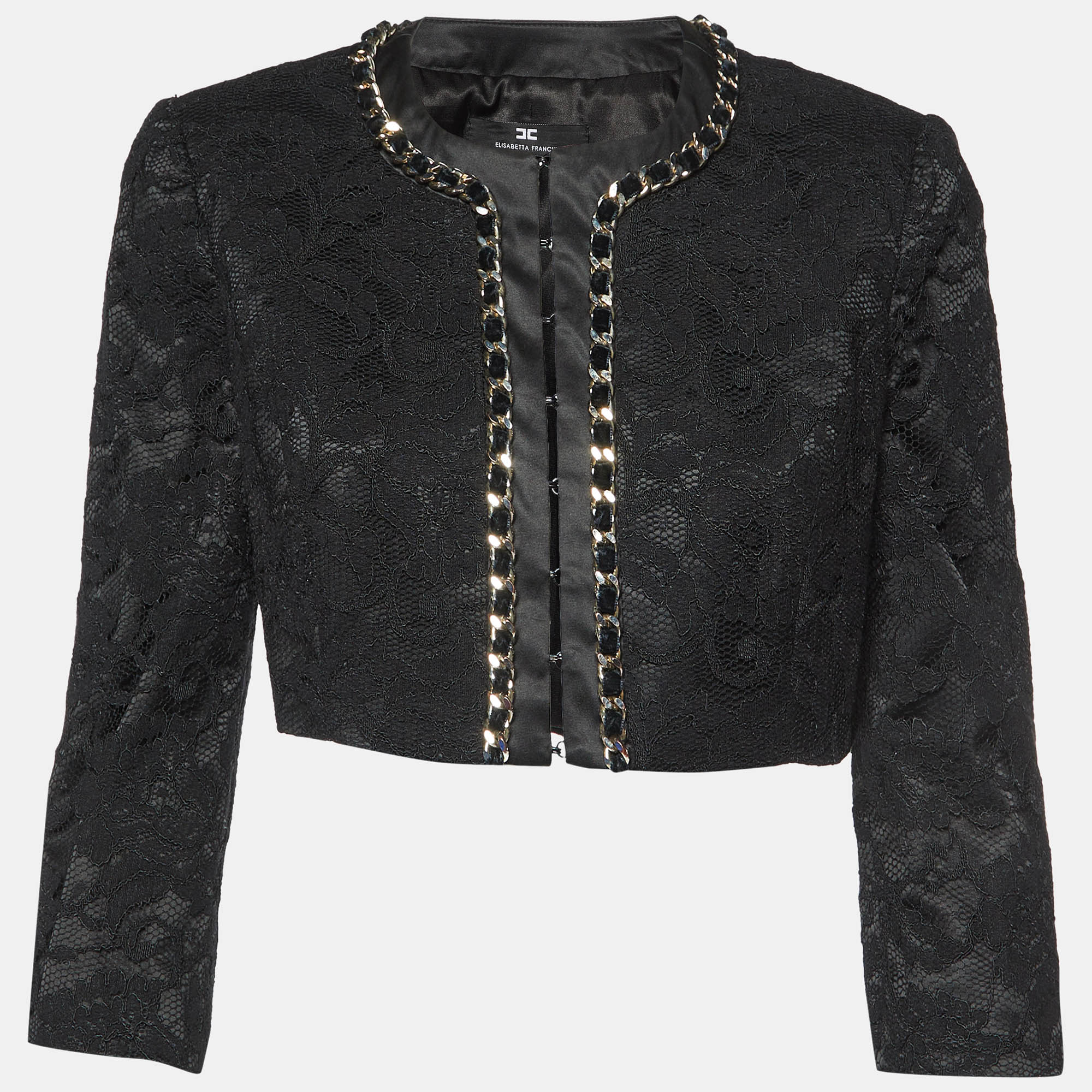 Pre Owned Elisabetta Franchi Black Lace Chain Detail Crop Jacket M