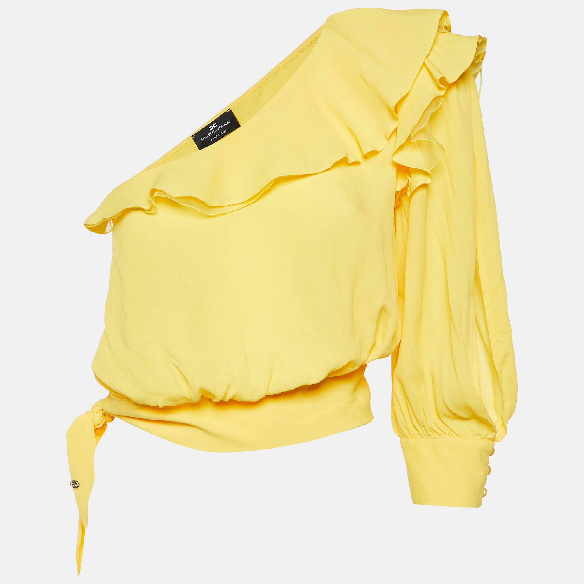 Elisabetta Franchi Yellow Crepe One-Shoulder Ruffled Blouse M