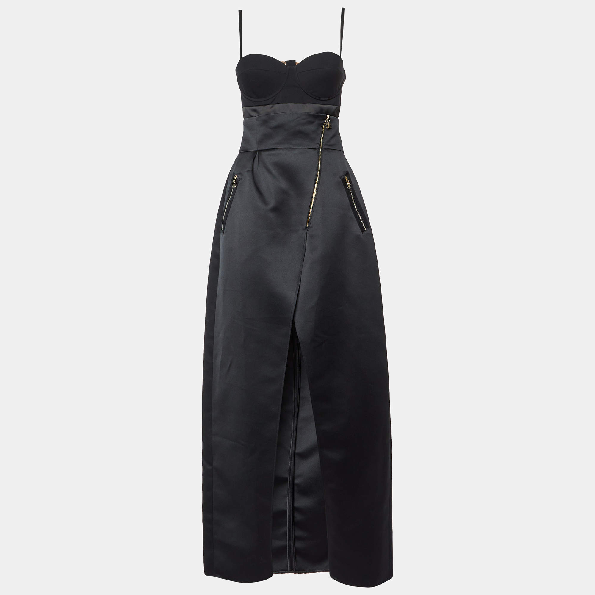 Elisabetta Franchi Black Satin Top and Skirt Set M