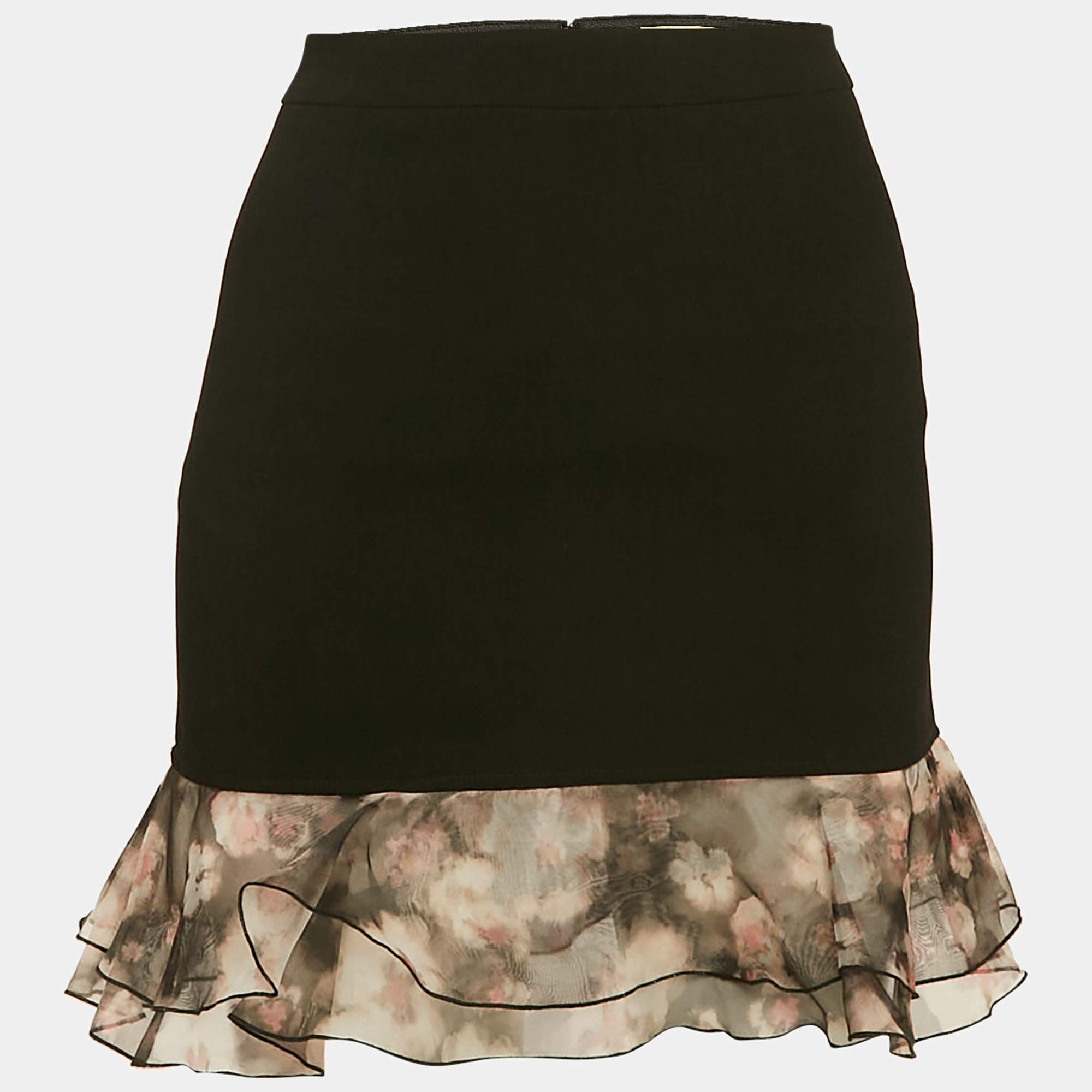 Pre Owned Elisabetta Franchi Black Organza Trim Crepe Ruffled Mini Skirt S