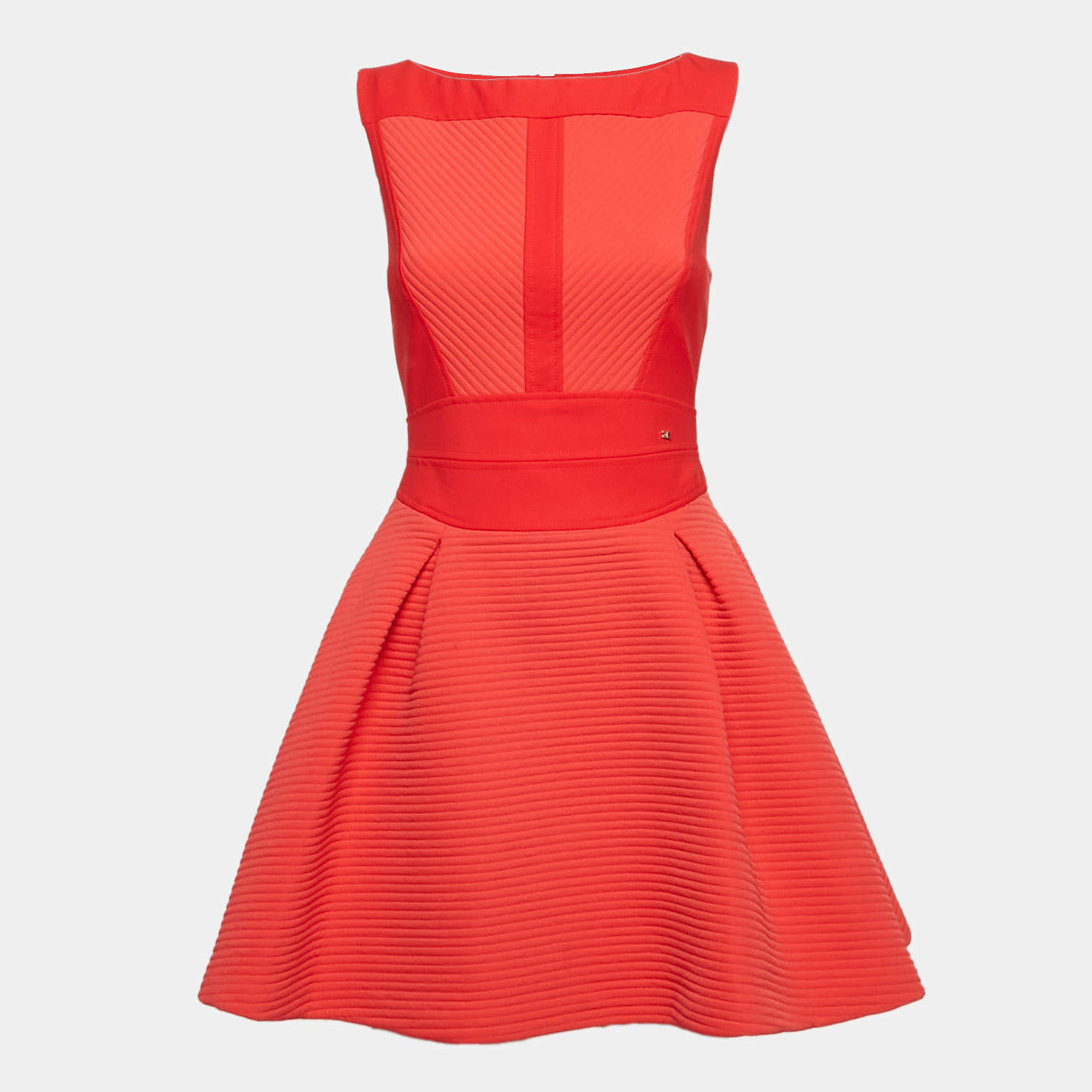 Pre Owned Elisabetta Franchi Red Stripe Textured Neoprene Pleated Mini Dress M