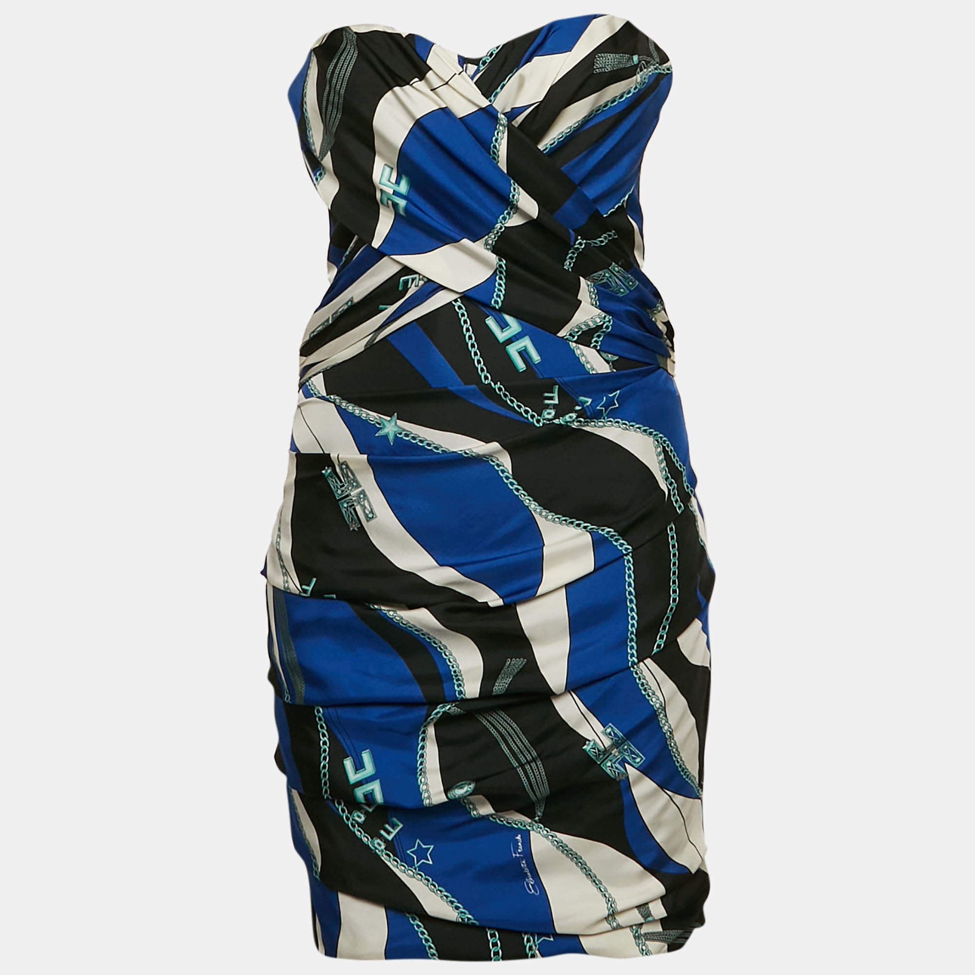 Pre Owned Elisabetta Franchi Blue Printed Silk and Crepe Strapless Mini Dress S