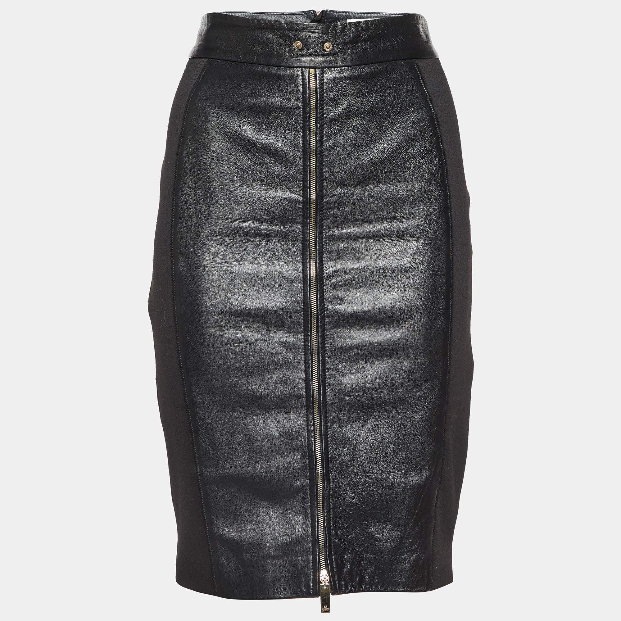 Pre Owned Elisabetta Franchi Gold Black Leather & Jersey Pencil Skirt M