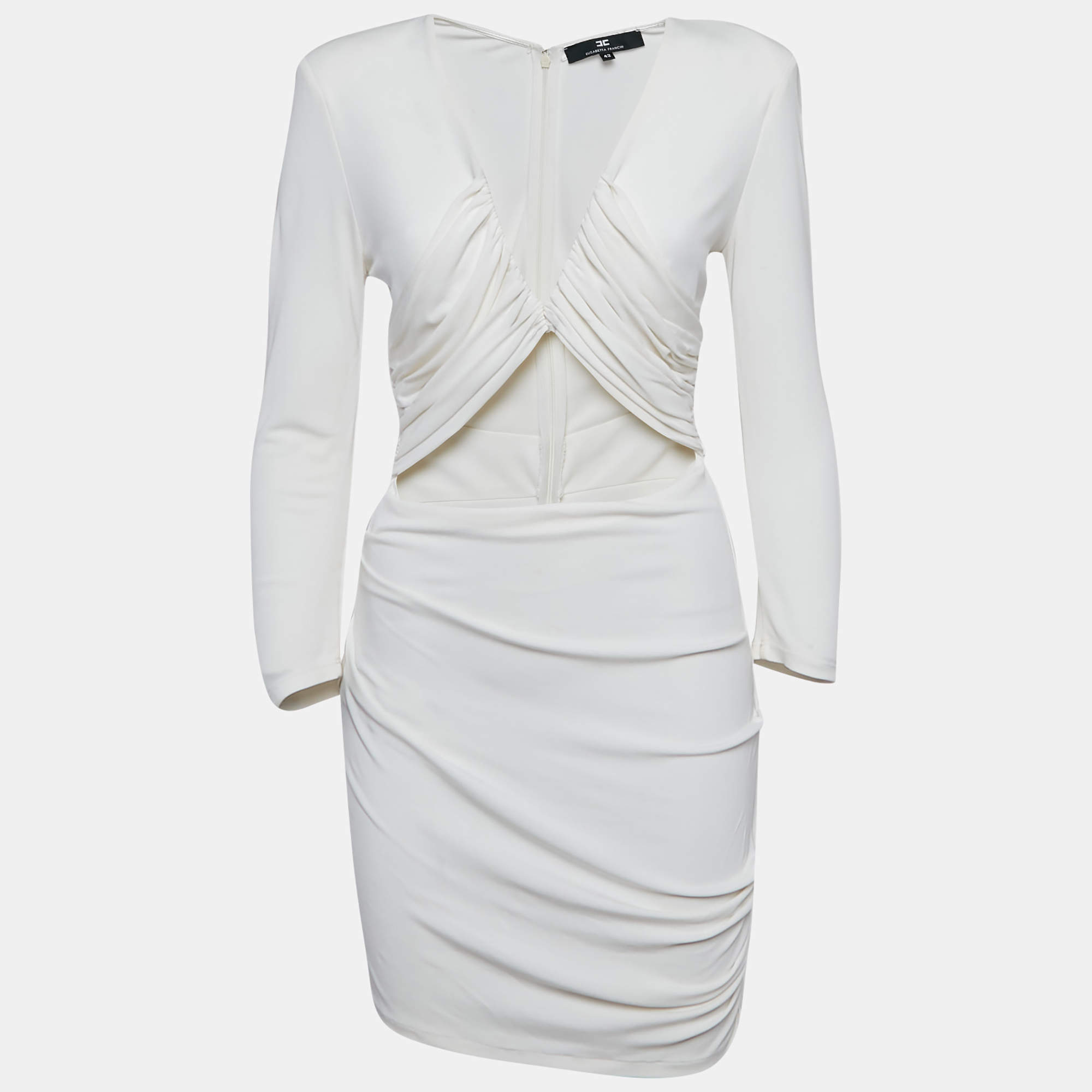 Pre Owned Elisabetta Franchi White Jersey Cut-Out Detail Ruched Mini Dress M