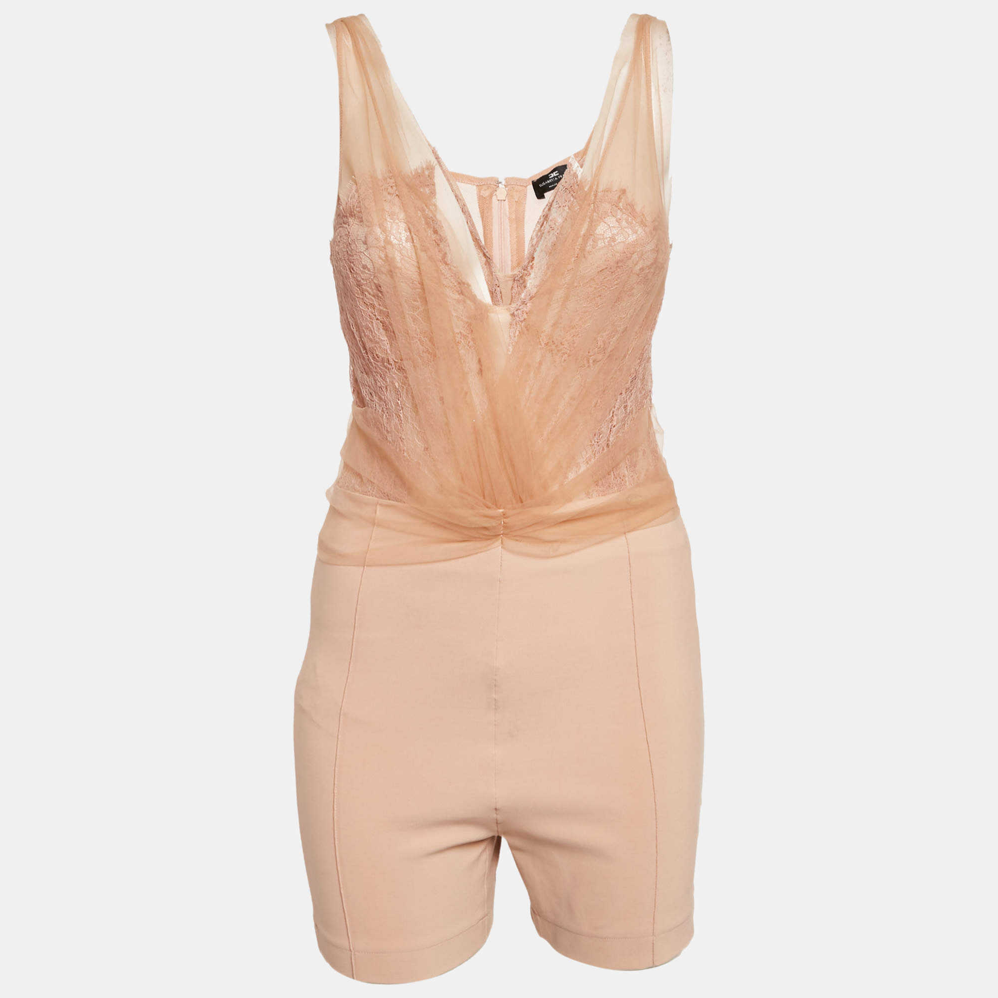 Pre Owned Elisabetta Franchi Beige Lace and Tulle Trim Jersey Bodysuit L