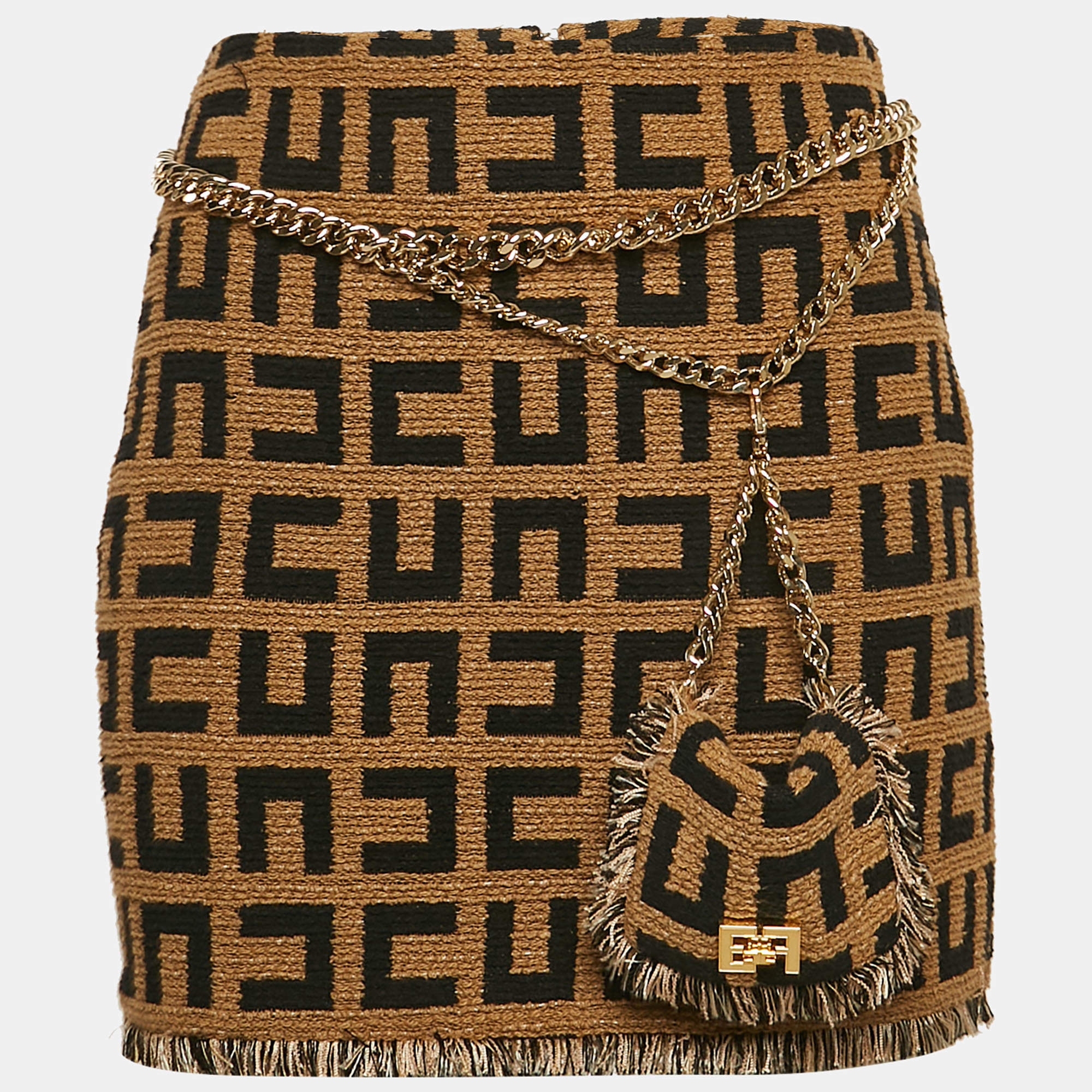 Pre Owned Elisabetta Franchi Brown Monogram Jacquard Tweed Belt Detail Mini Skirt M