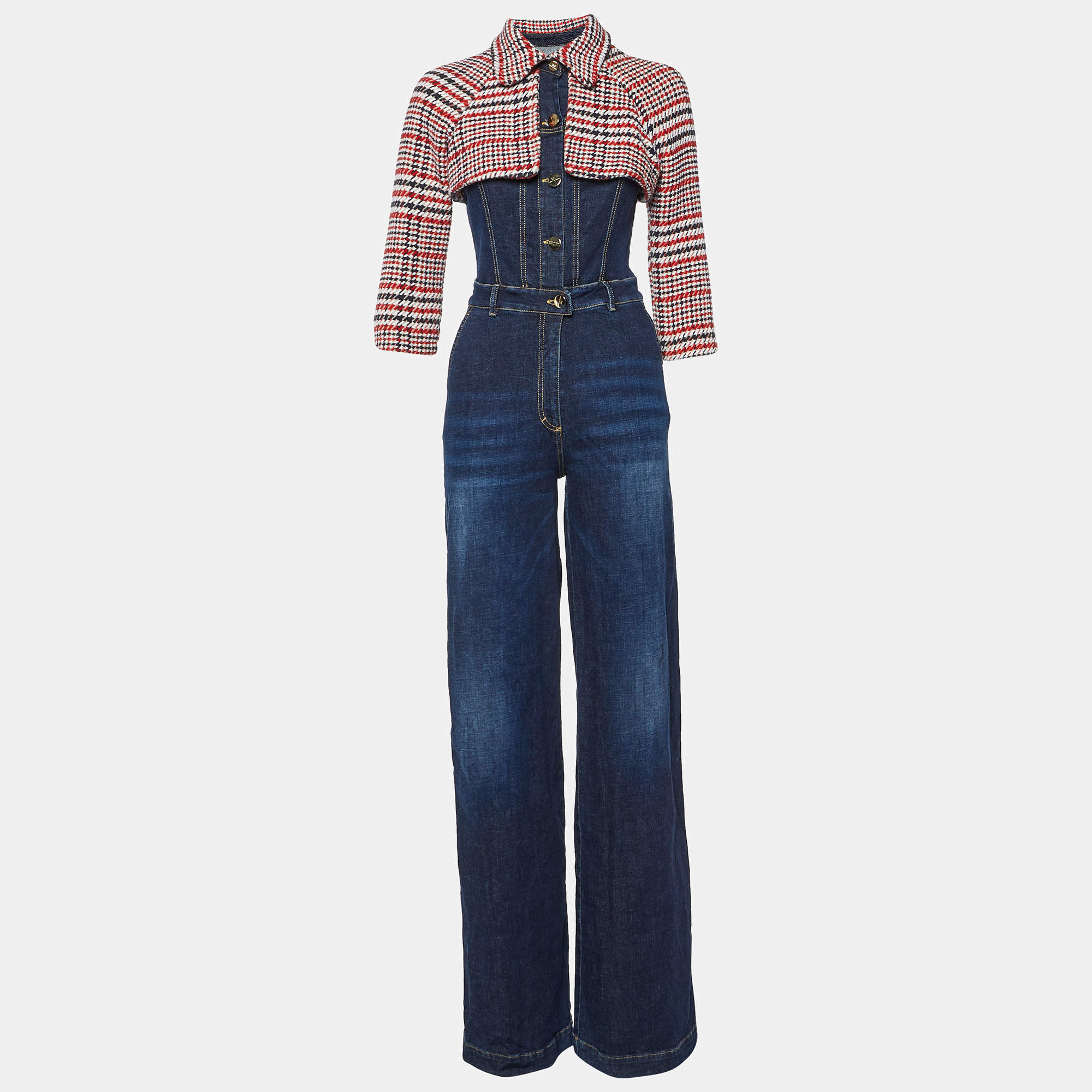 Elisabetta Franchi Blue Denim Tweed Trim Jumpsuit L