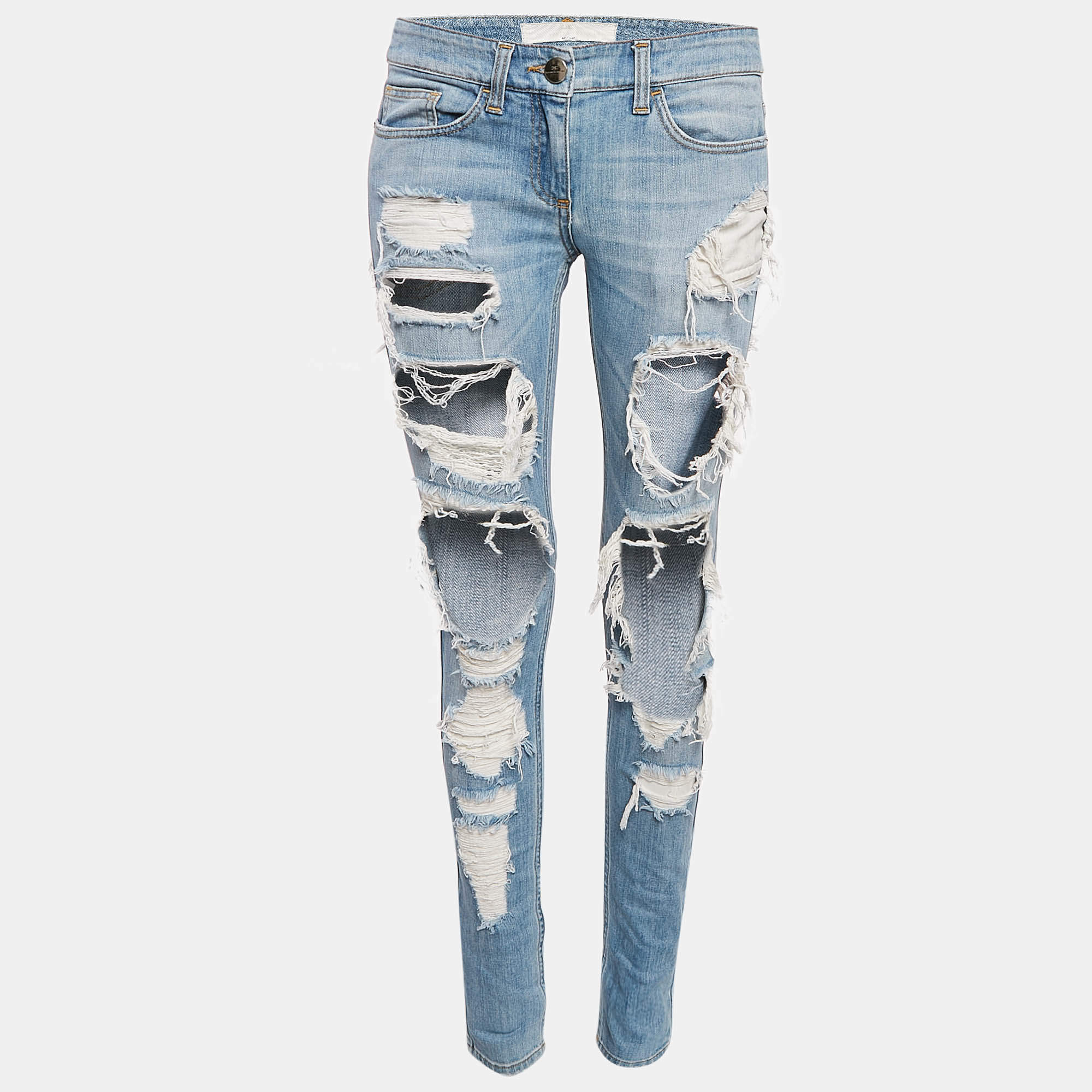 Pre Owned Elisabetta Franchi Light Blue Distressed Denim Skinny Jeans M Waist 28"