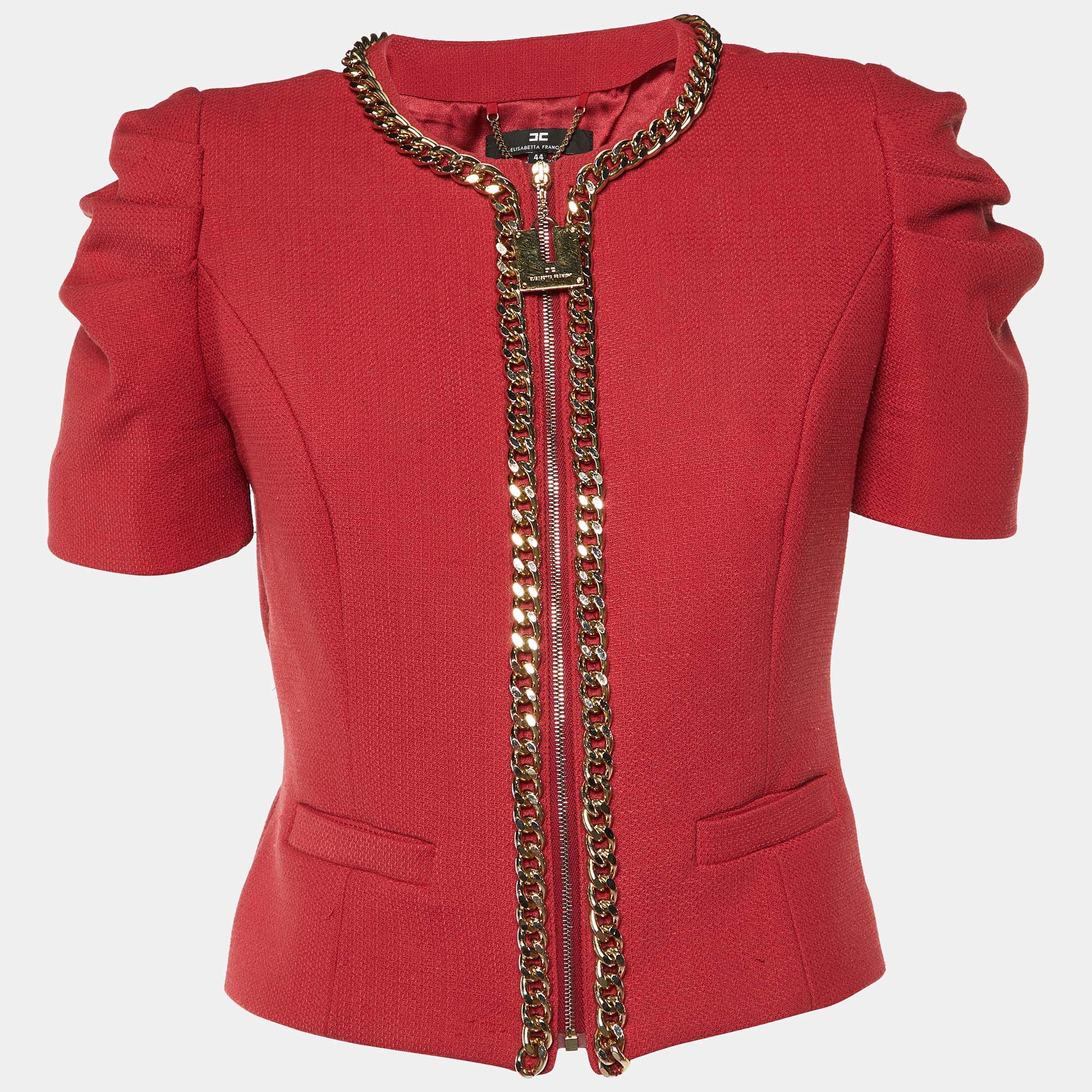 Elisabetta Franchi Rouge Pink Crepe Chain Detail Zip Up jacket L