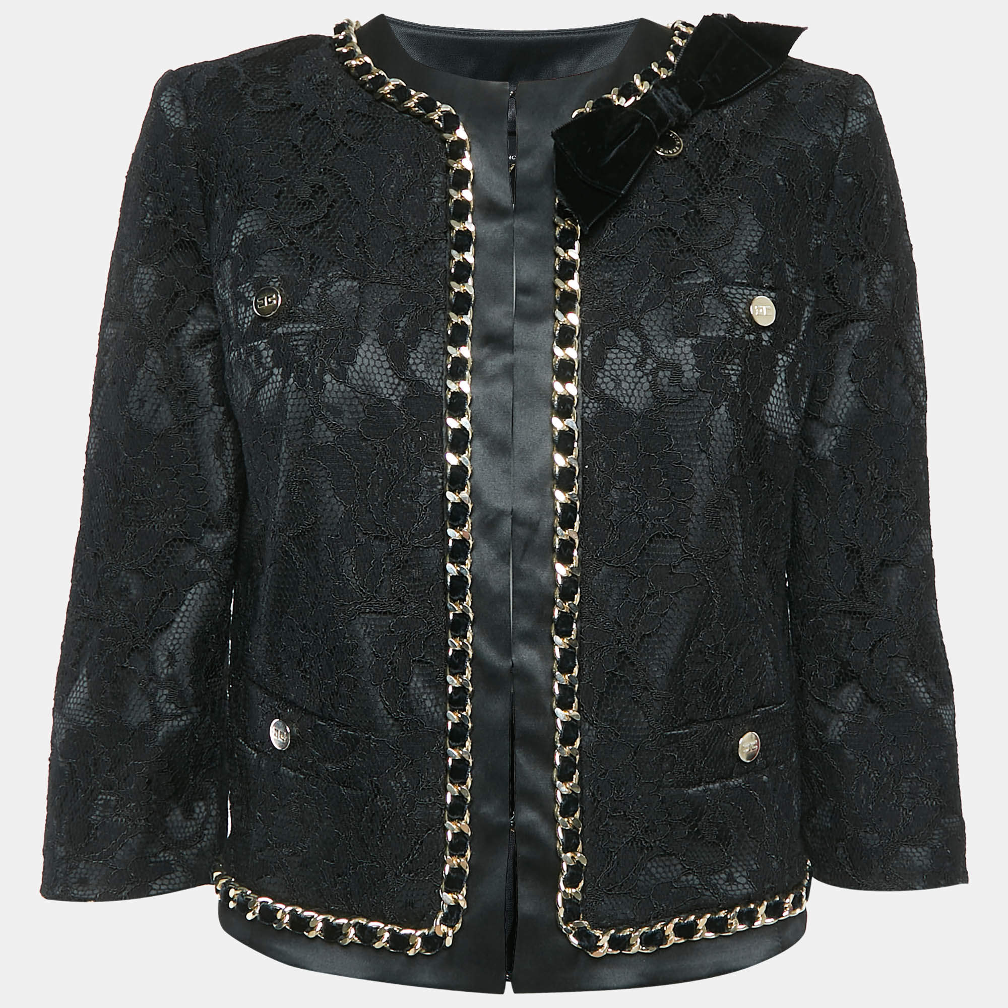 Pre Owned Elisabetta Franchi Black Lace Chain Detail Jacket M