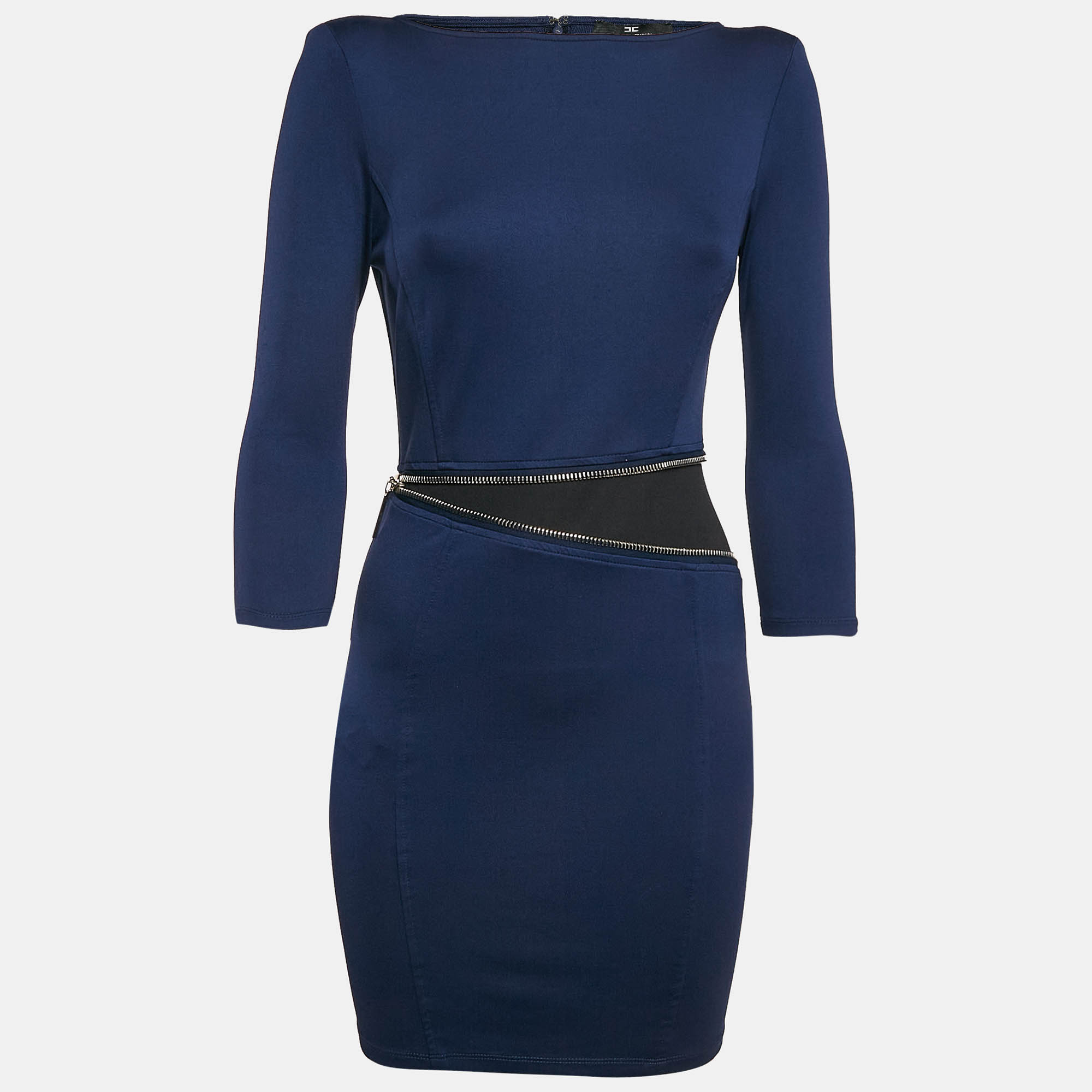 Elisabetta Franchi Navy Blue Jersey Zip Detail Mini Dress M