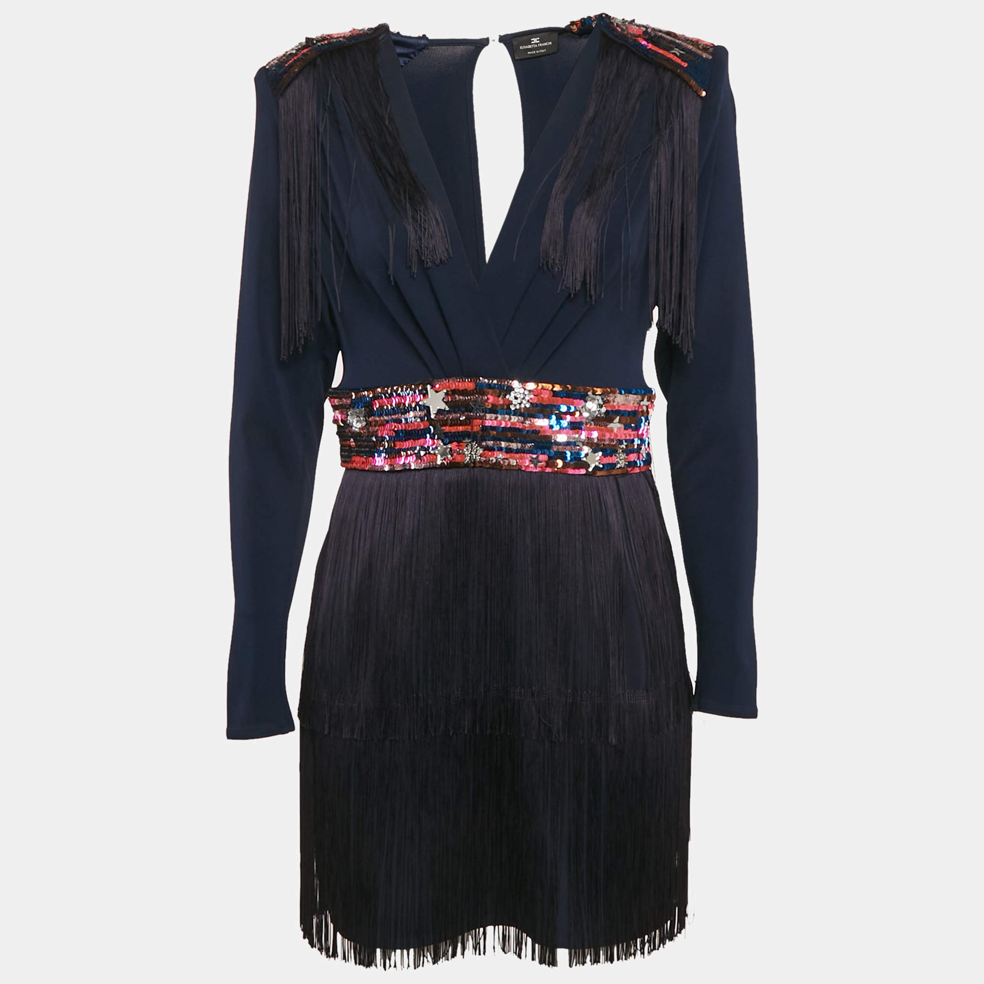 Pre Owned Elisabetta Franchi Navy Blue Sequin Embellishment Jersey Fringed Mini Dress M