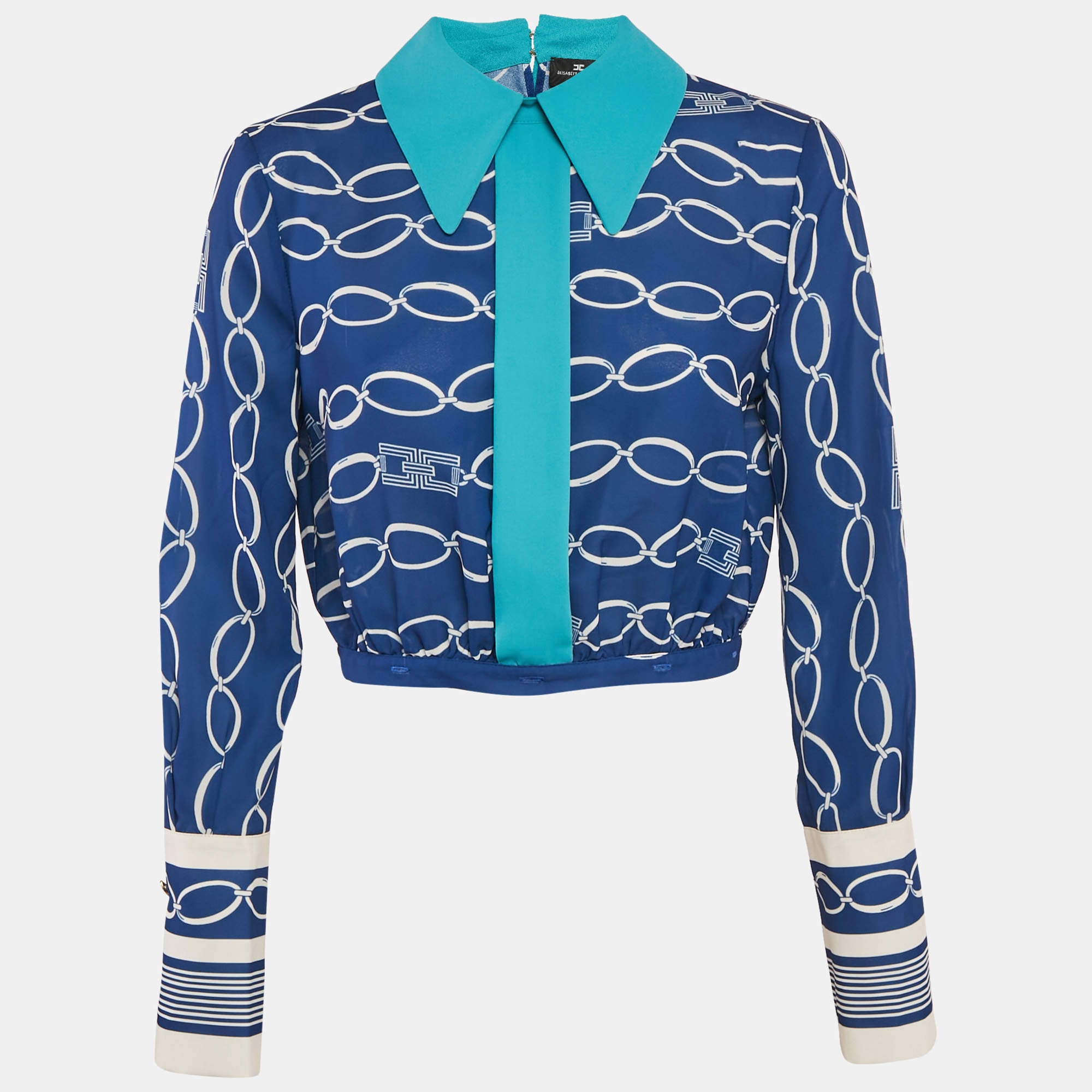 Pre Owned Elisabetta Franchi Blue Chain Print Crepe Blouse M