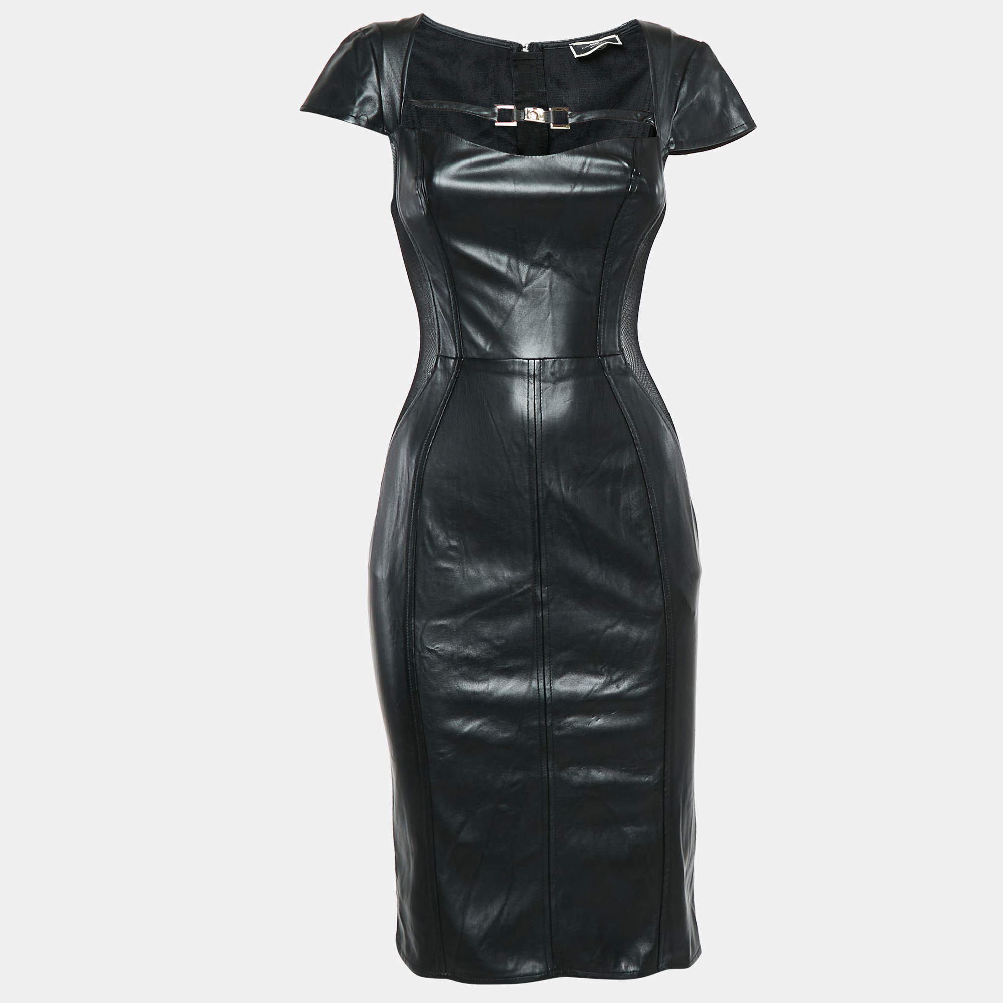 Pre Owned Elisabetta Franchi Black Faux Leather Cap Sleeve Mesh Trimmed Short Dress S