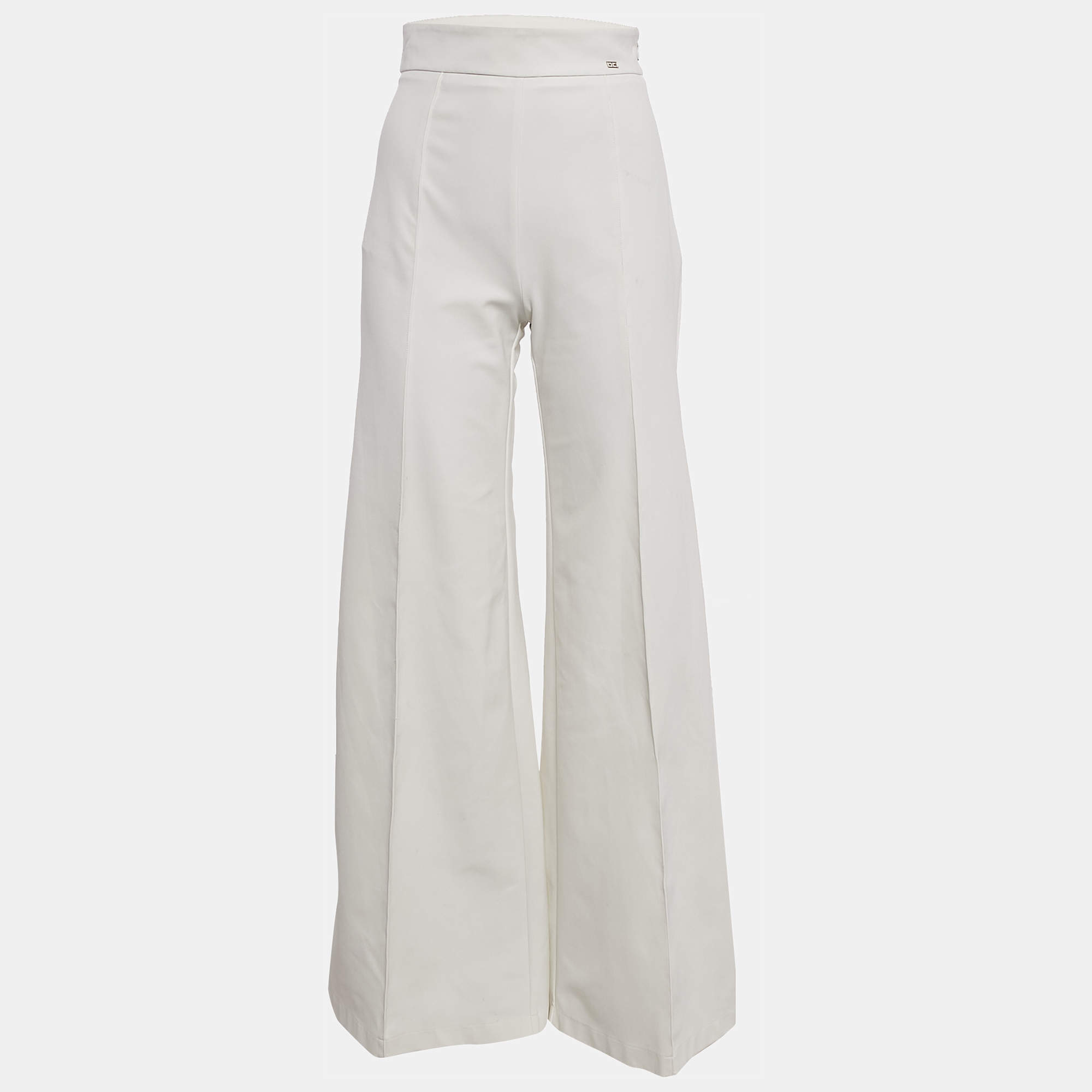 Pre Owned Elisabetta Franchi White Jersey Wide Leg Trousers M