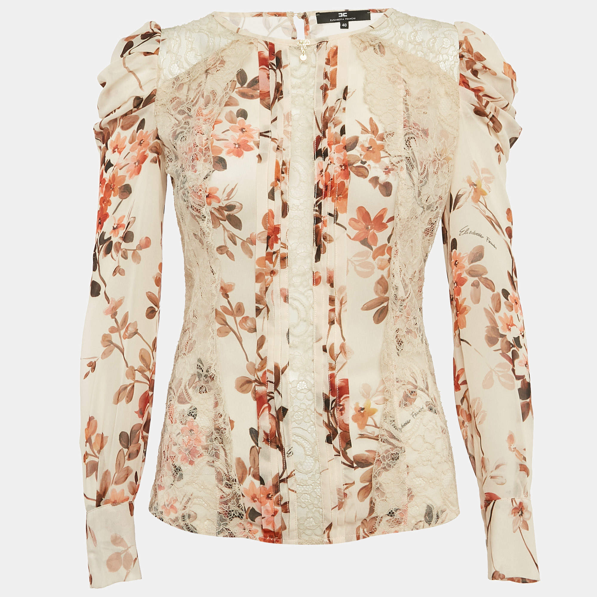 Pre Owned Elisabetta Franchi Beige Floral Print Lace Trim Crepe Blouse S