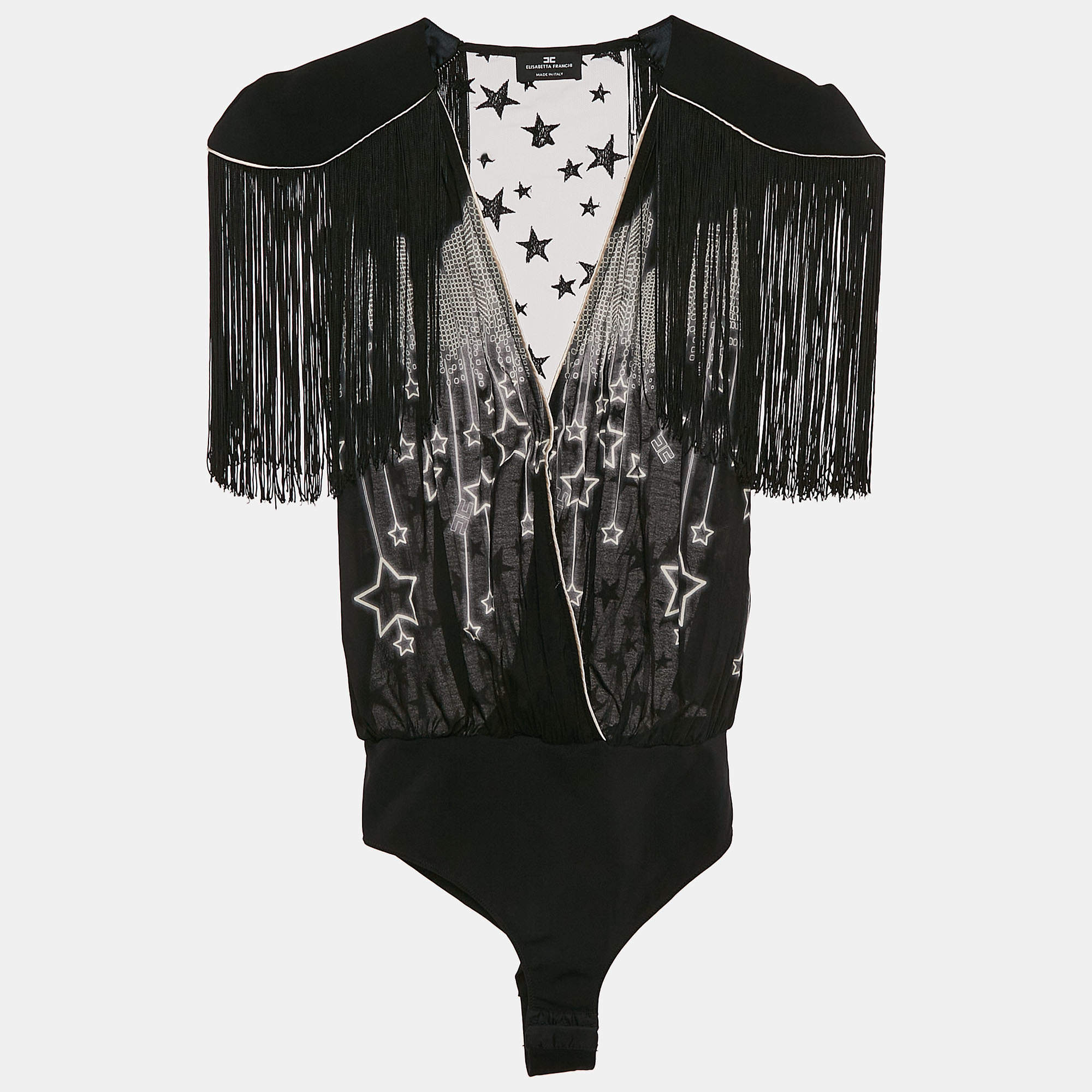 Pre Owned Elisabetta Franchi Black Star Print Crepe and Tulle Fringed Bodysuit S