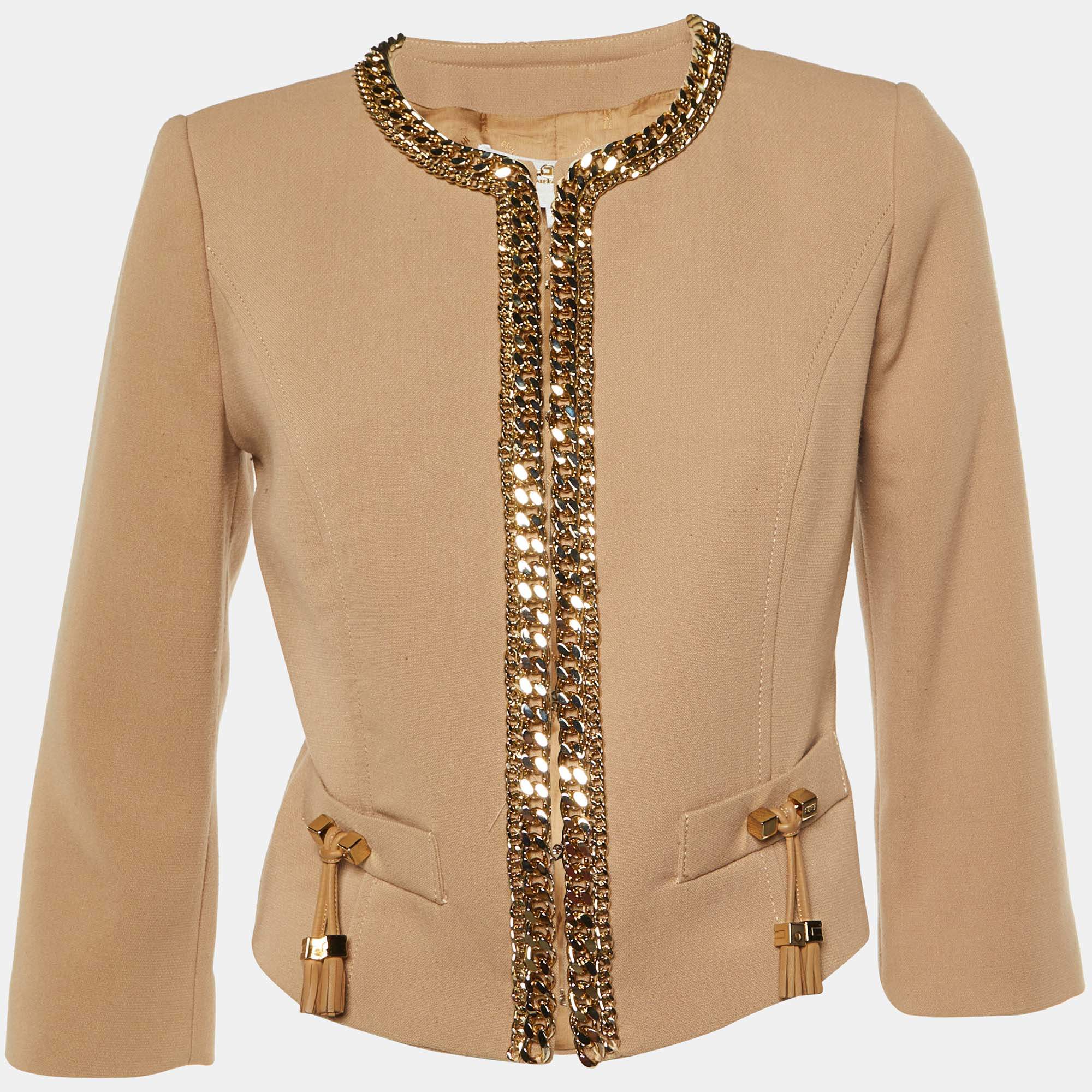 Elisabetta Franchi Gold Beige Cady Chain Trim Jacket L