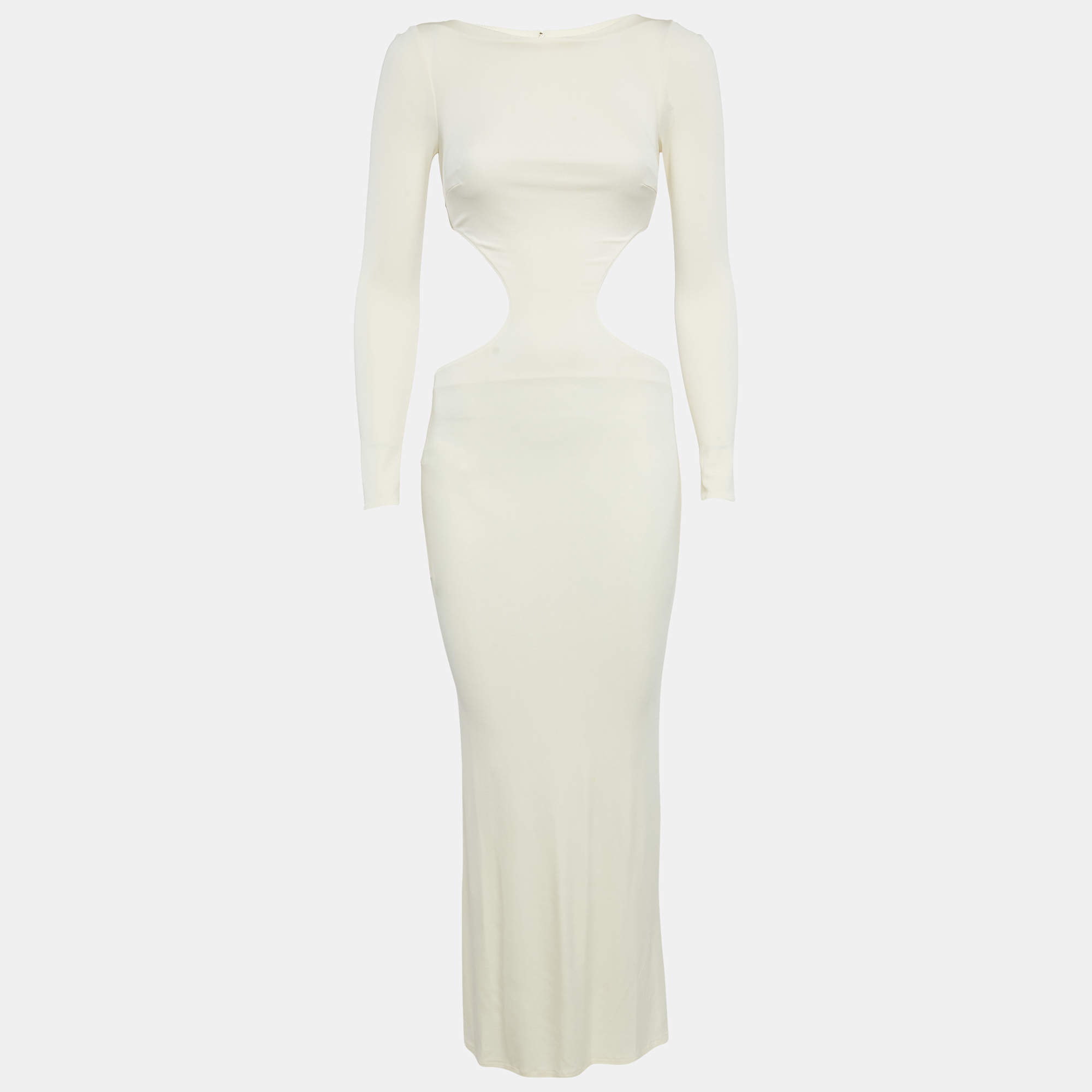 Pre Owned Elisabetta Franchi Cream Jersey Cut-Out Long Dress S
