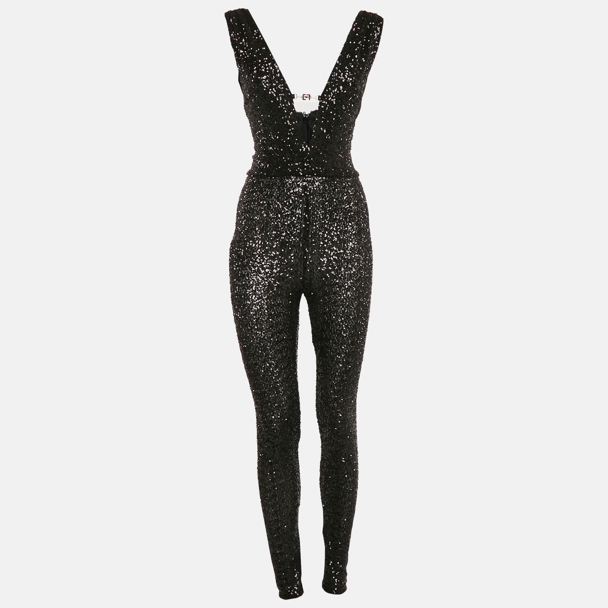 Pre Owned Elisabetta Franchi Black Sequin V-Neck Jumpsuit S