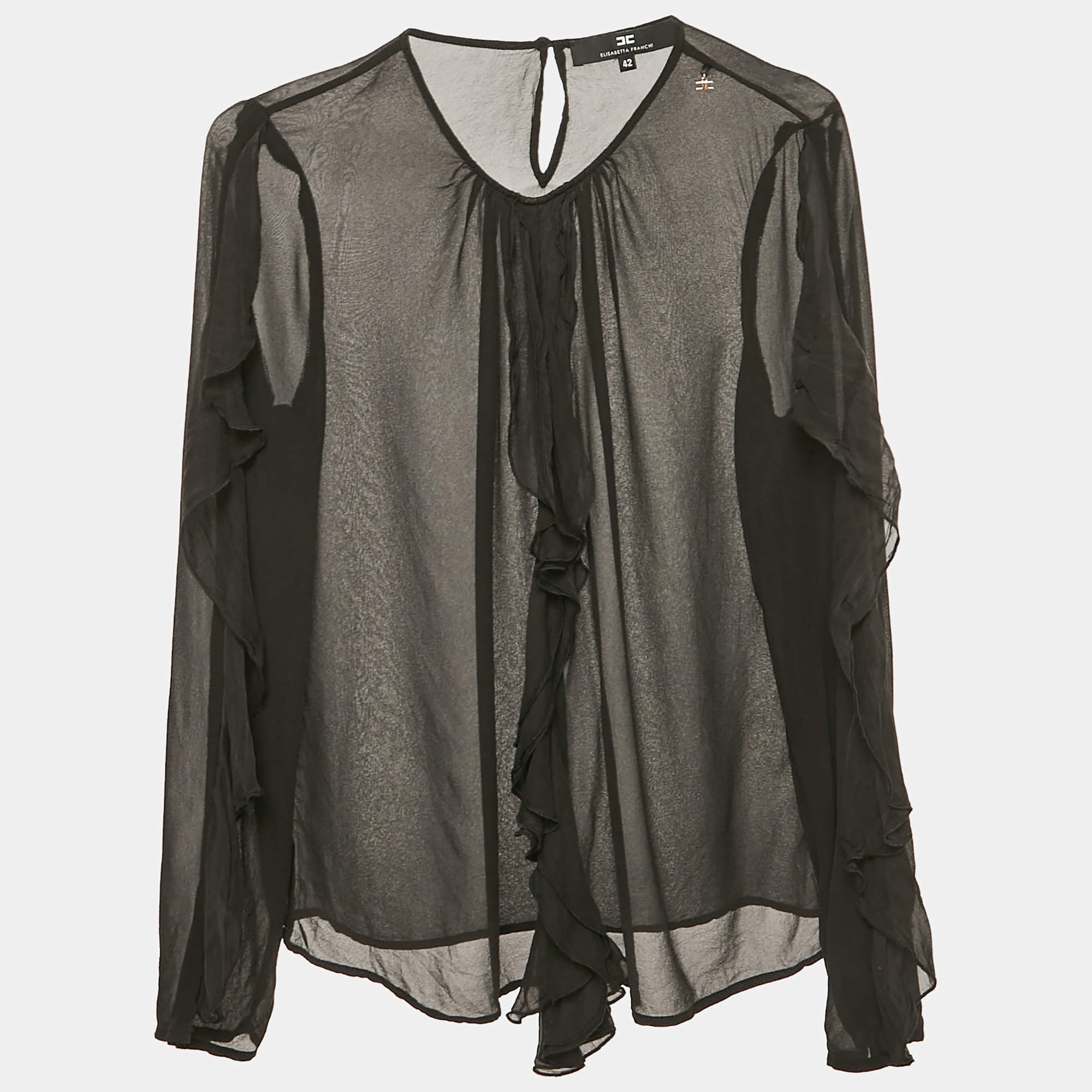 Elisabetta Franchi Black Crepe Ruffled Full Sleeve Top M