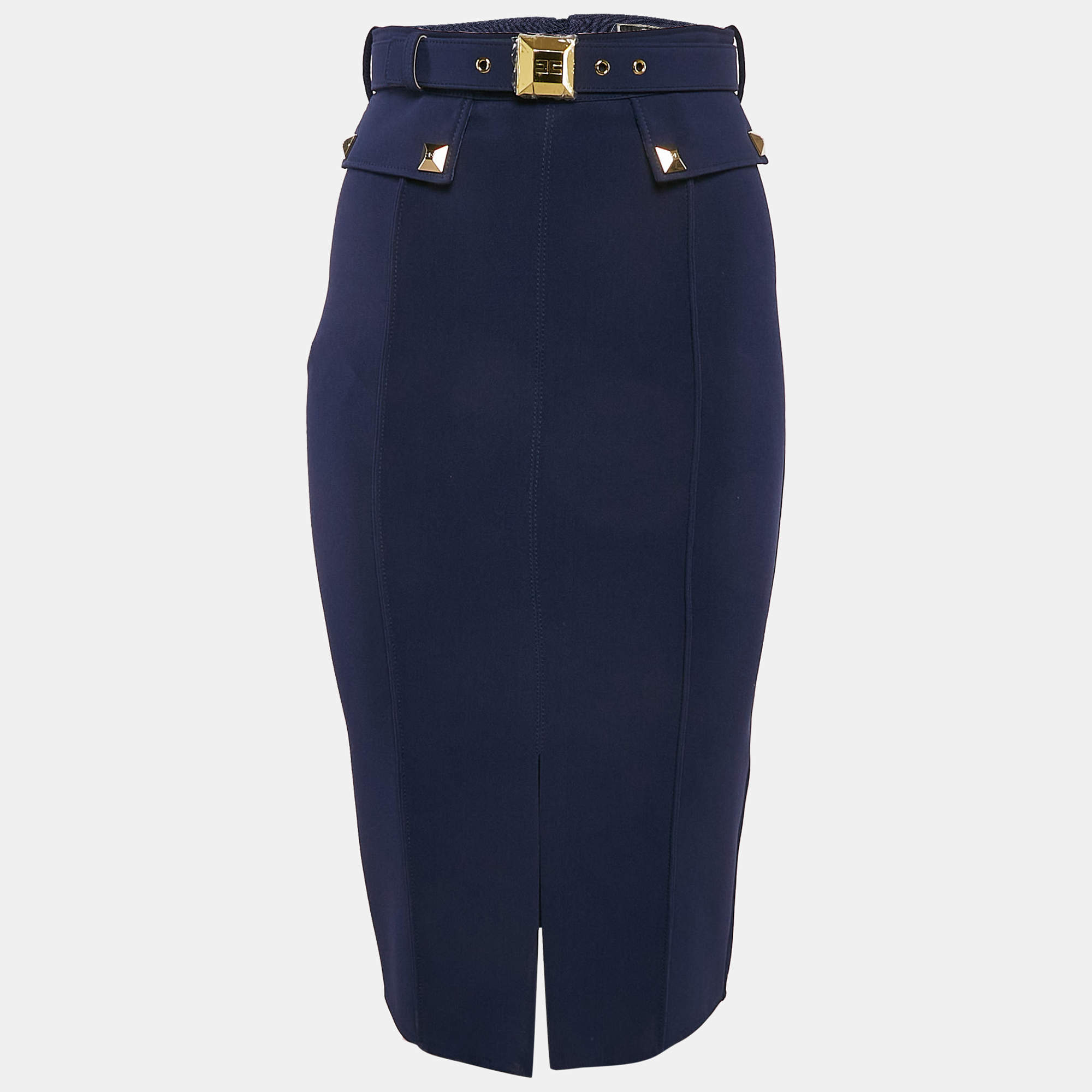 Pre Owned Elisabetta Franchi Blue Jersey Studded Pencil Skirt S