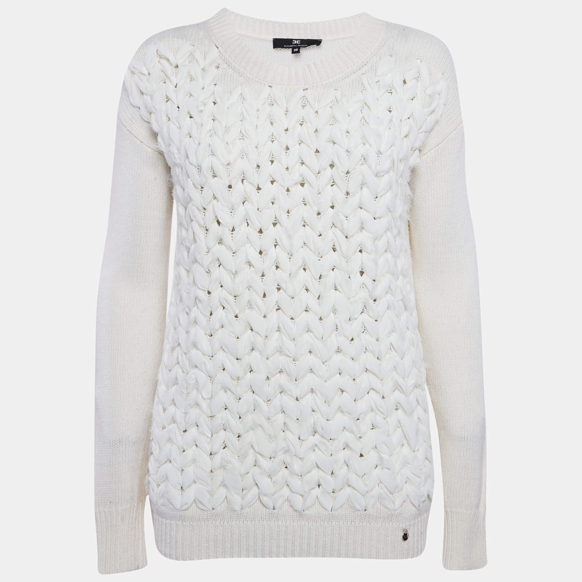 Elisabetta Franchi Off White Braid Detail Wool Blend Sweater S