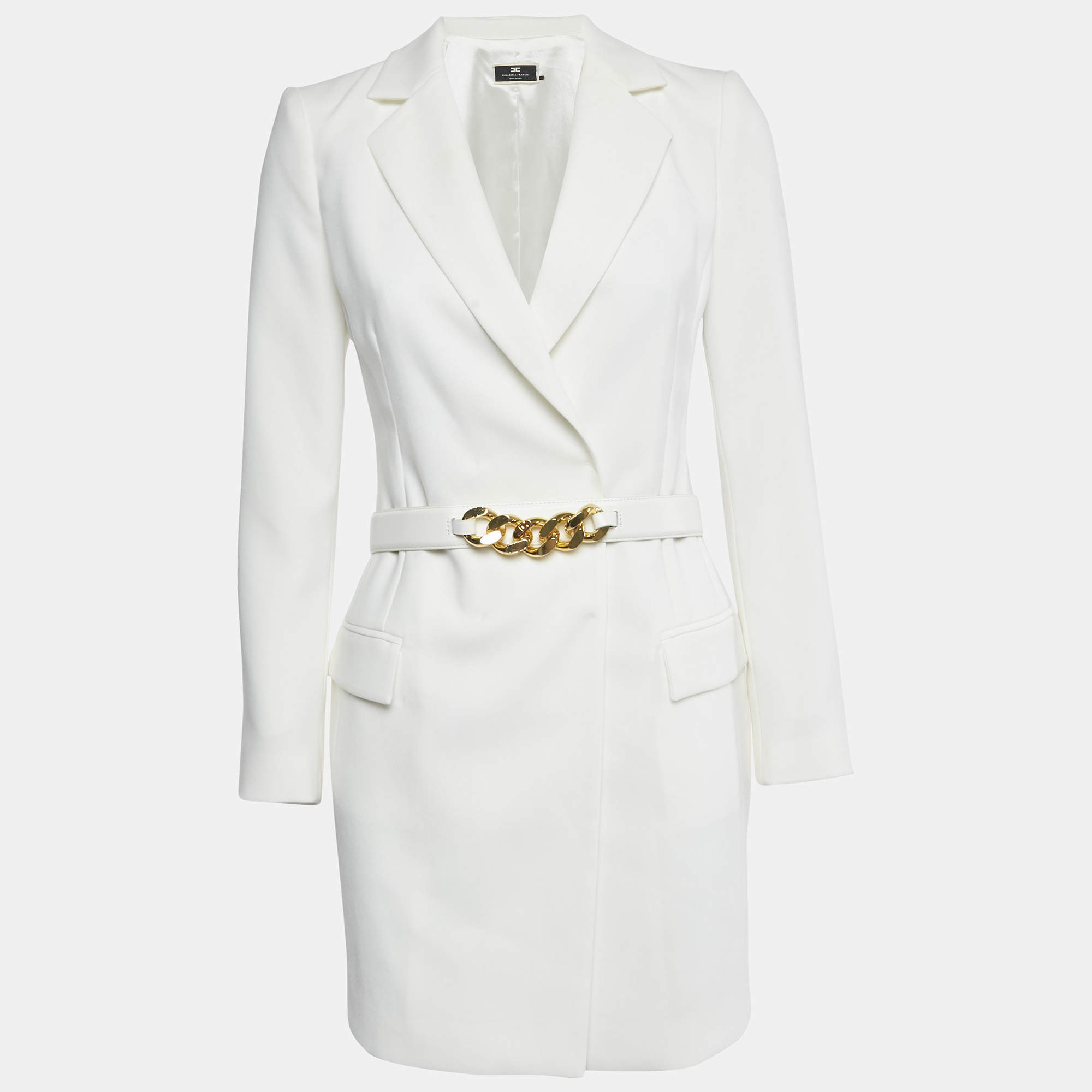 Pre Owned Elisabetta Franchi White Crepe Double Breasted Belt Detail Blazer S