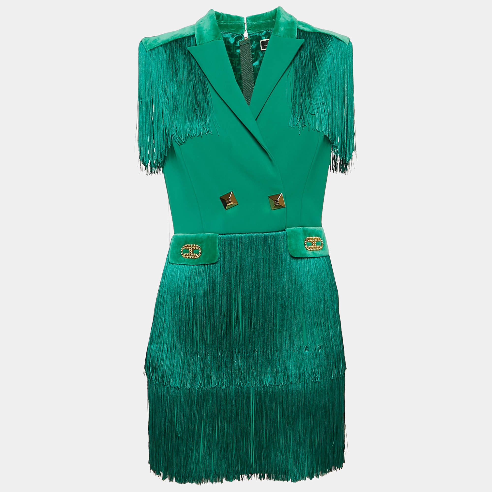 Pre Owned Elisabetta Franchi Green Crepe Fringed Mini Dress S
