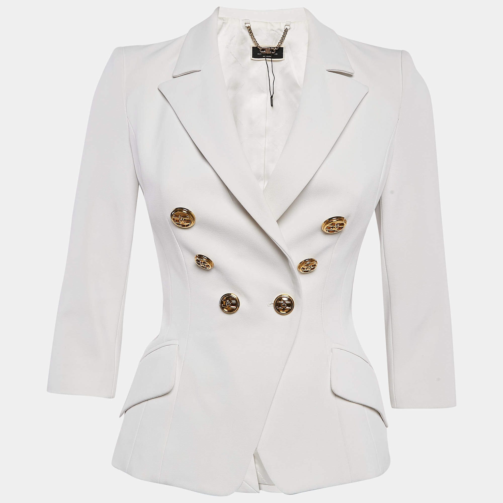 Pre Owned  Elisabetta Franchi White Crepe Double Breasted Blazer S