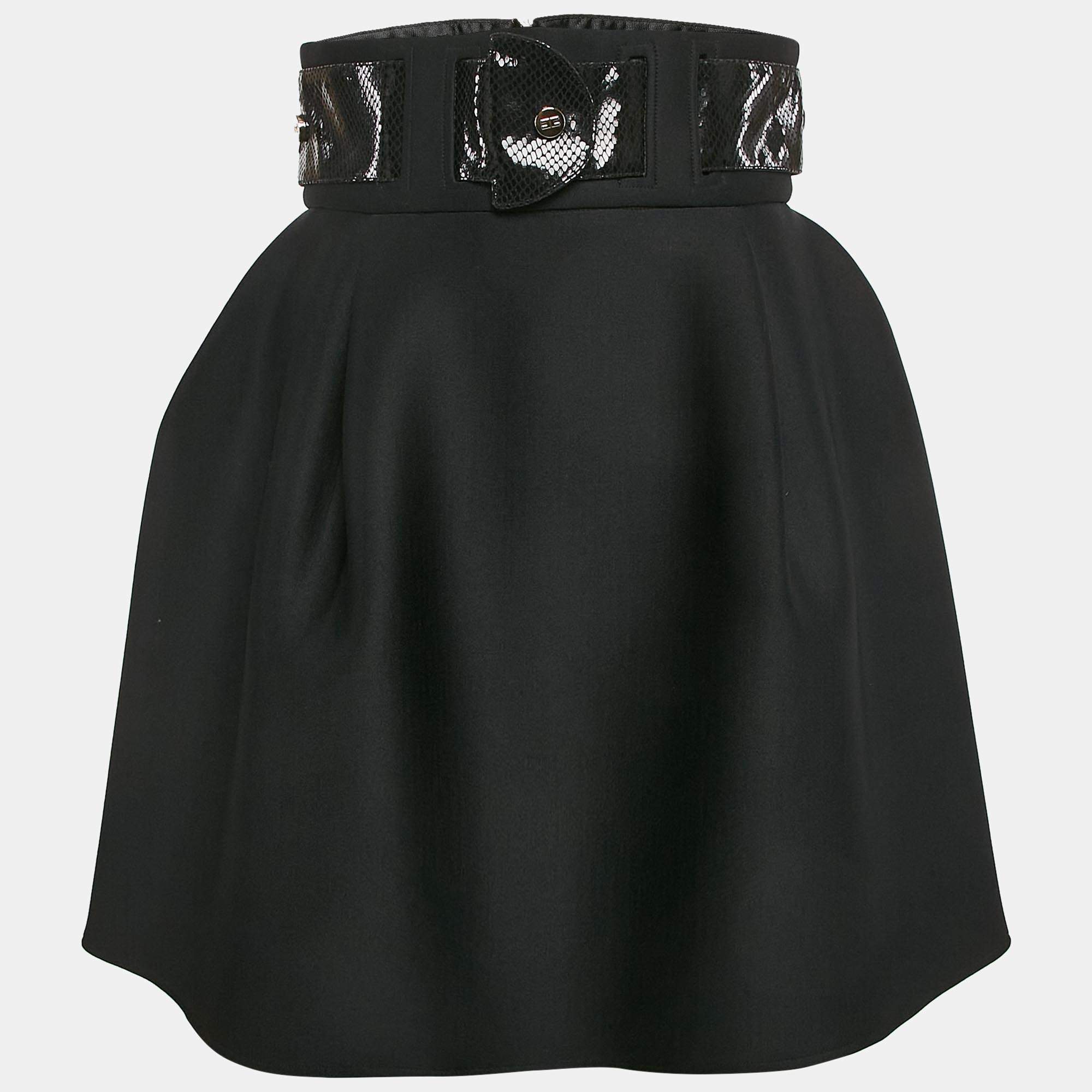 Elisabetta Franchi Black Faux Leather Belted Neoprene Flared Mini Skirt M
