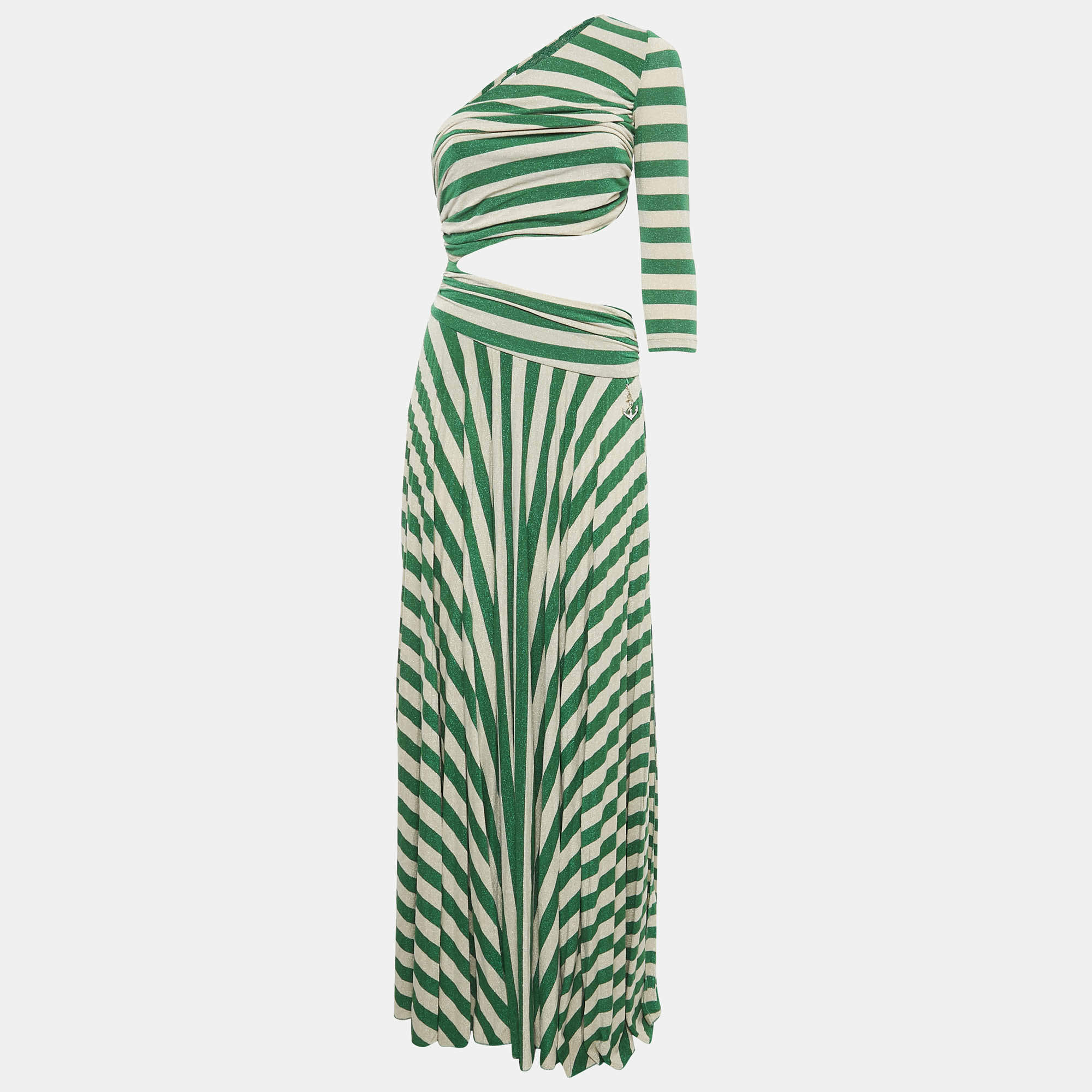 Pre Owned Elisabetta Franchi Green/Cream Striped Lurex Knit Cut-Out Detail Gown M