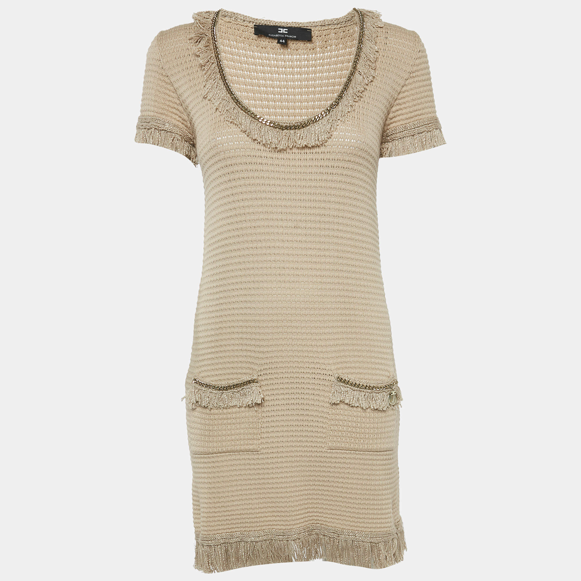 Pre Owned Elisabetta Franchi Beige Cotton Blend Knit Fringed Mini Dress M