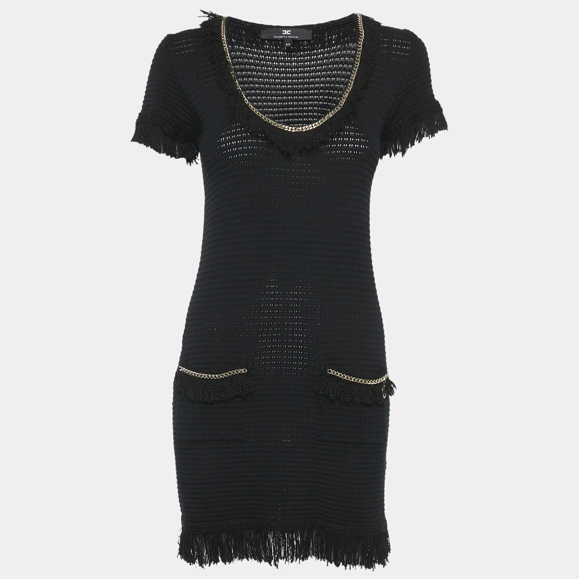 Pre Owned Elisabetta Franchi Black Cotton Blend Knit Fringed Mini Dress M