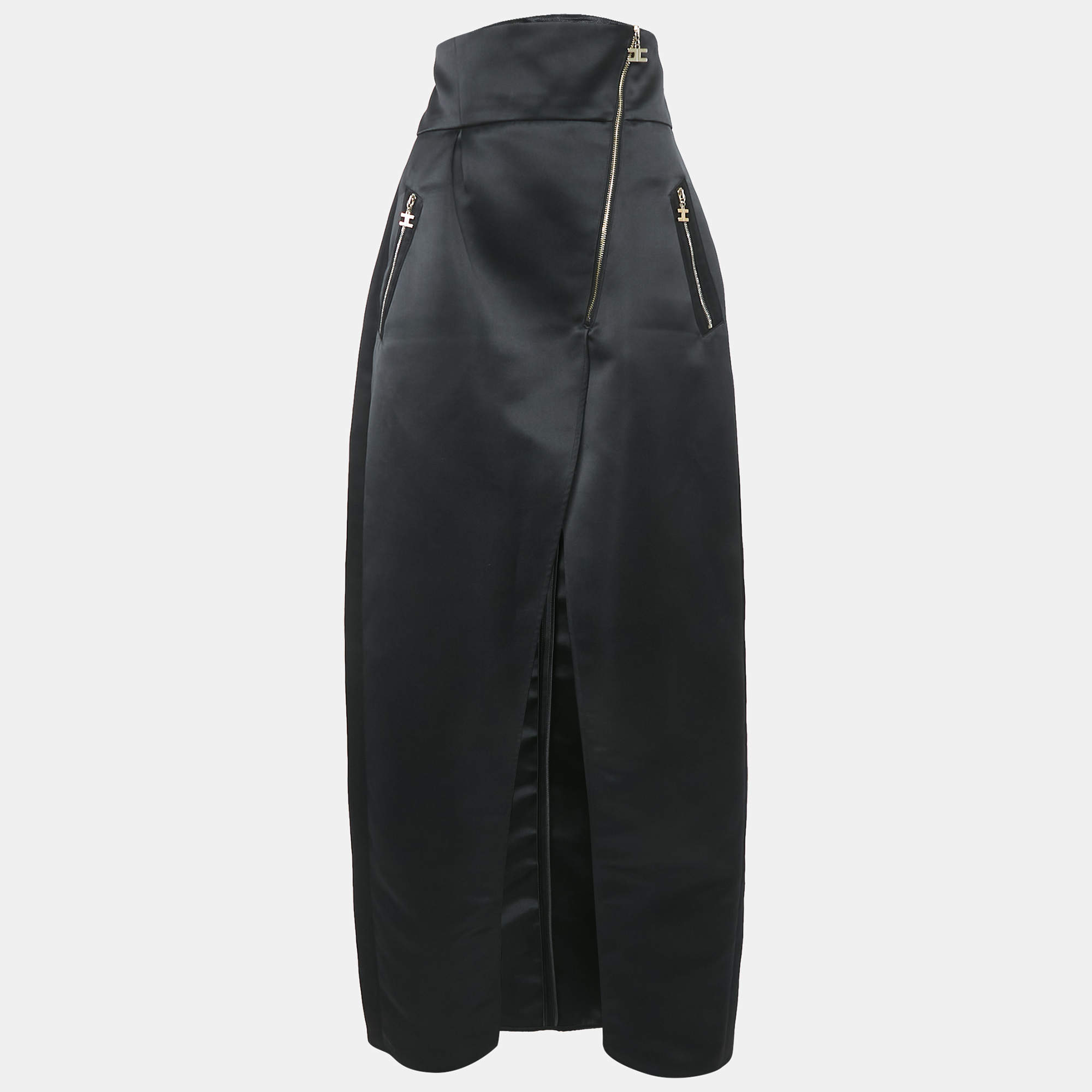 Pre Owned Elisabetta Franchi Black Satin Zip Detail Maxi Skirt M