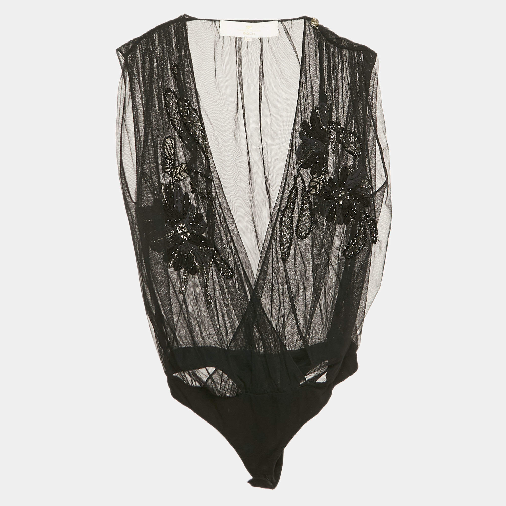 Pre Owned Elisabetta Franchi Gold Black Embellished Tulle Sleeveless Bodysuit S