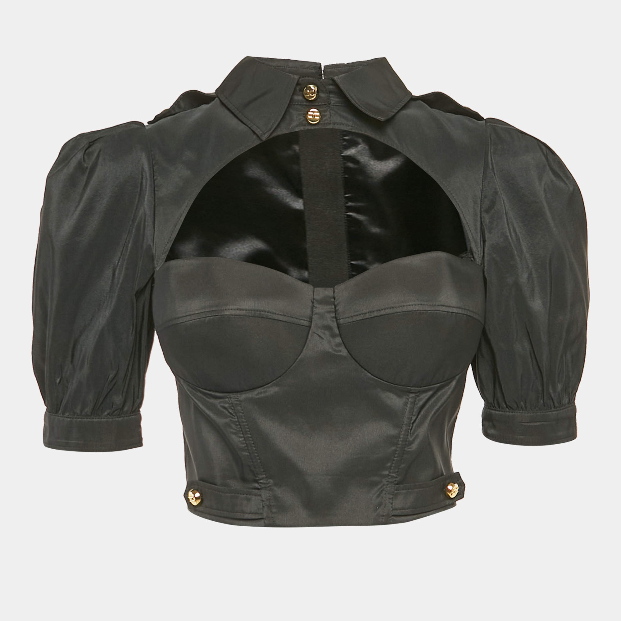 Pre Owned Elisabetta Franchi Black Cut-Out Sweetheart Neck Detail Blouse M