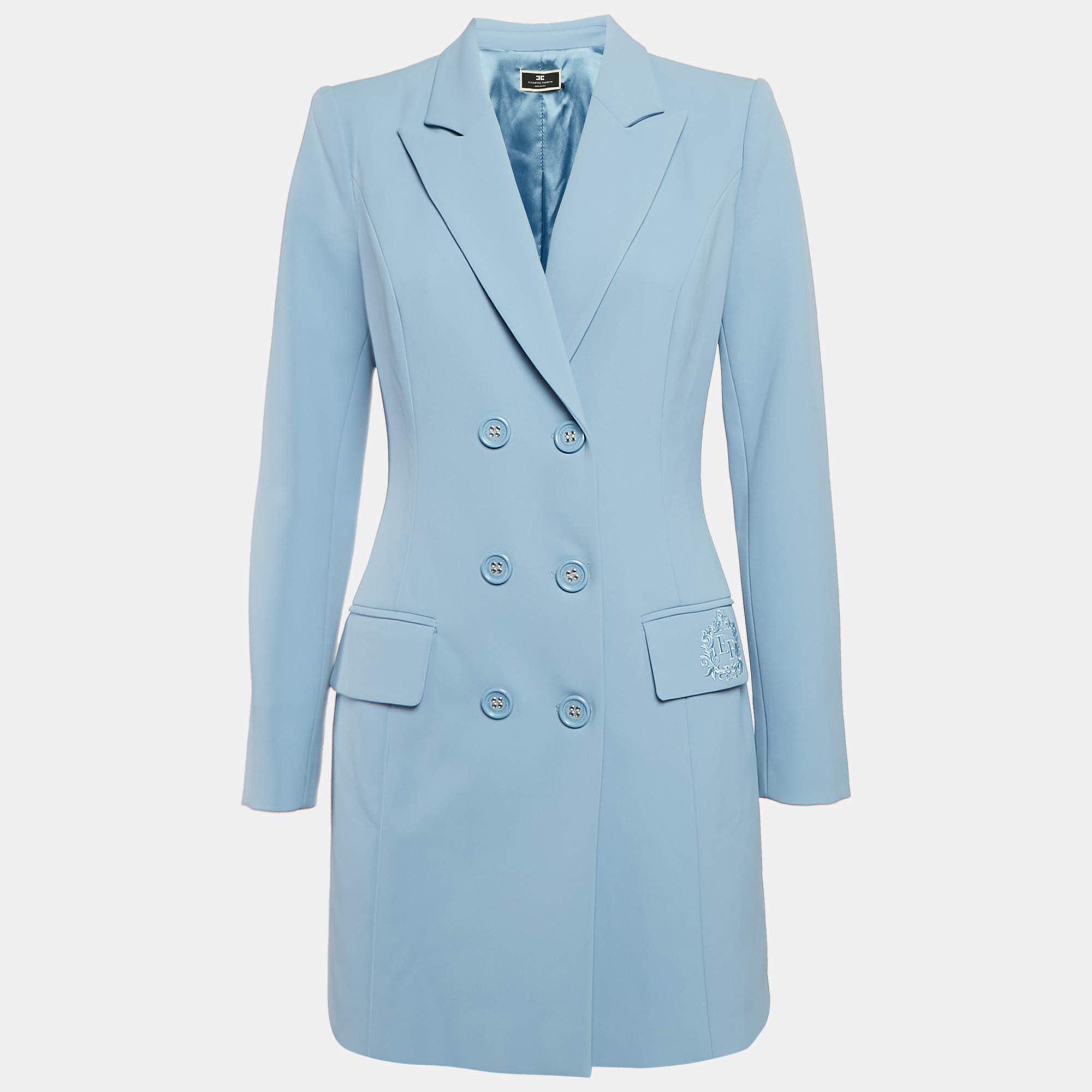 Pre Owned Elisabetta Franchi Blue Crepe Double Breasted Blazer Dress M